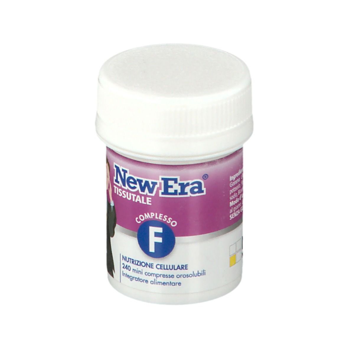 Flacone cilindrico con coperchio bianco. Etichetta New Era Tissutale Complesso F. 240 compresse. Sfondo bianco.