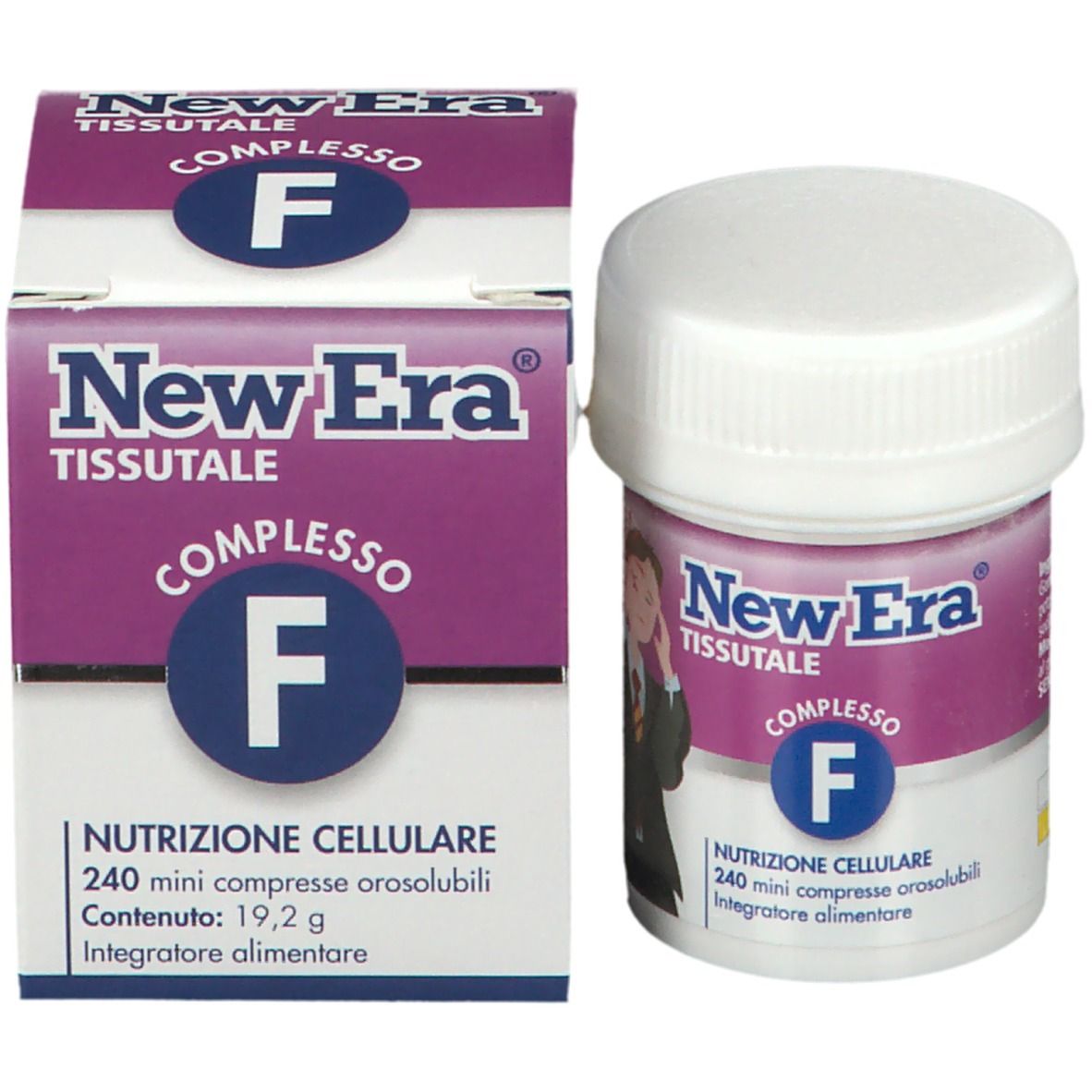 Confezione prodotto: scatola e flacone. New Era Tissutale Complesso F. 240 compresse. Sfondo bianco.