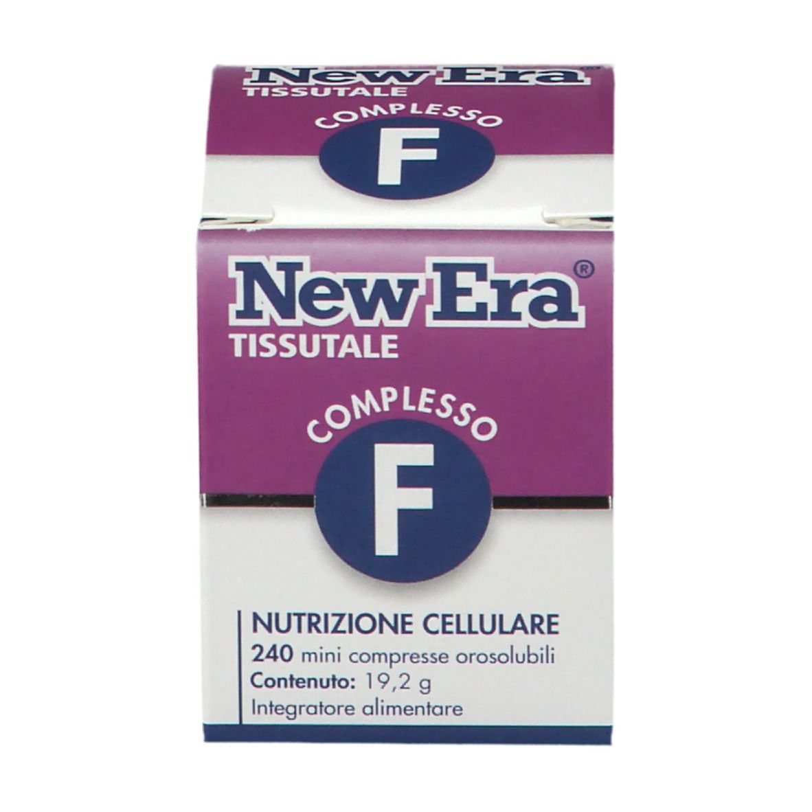 Scatola New Era Tissutale Complesso F. Design viola e bianco. Contiene 240 compresse. Sfondo bianco.