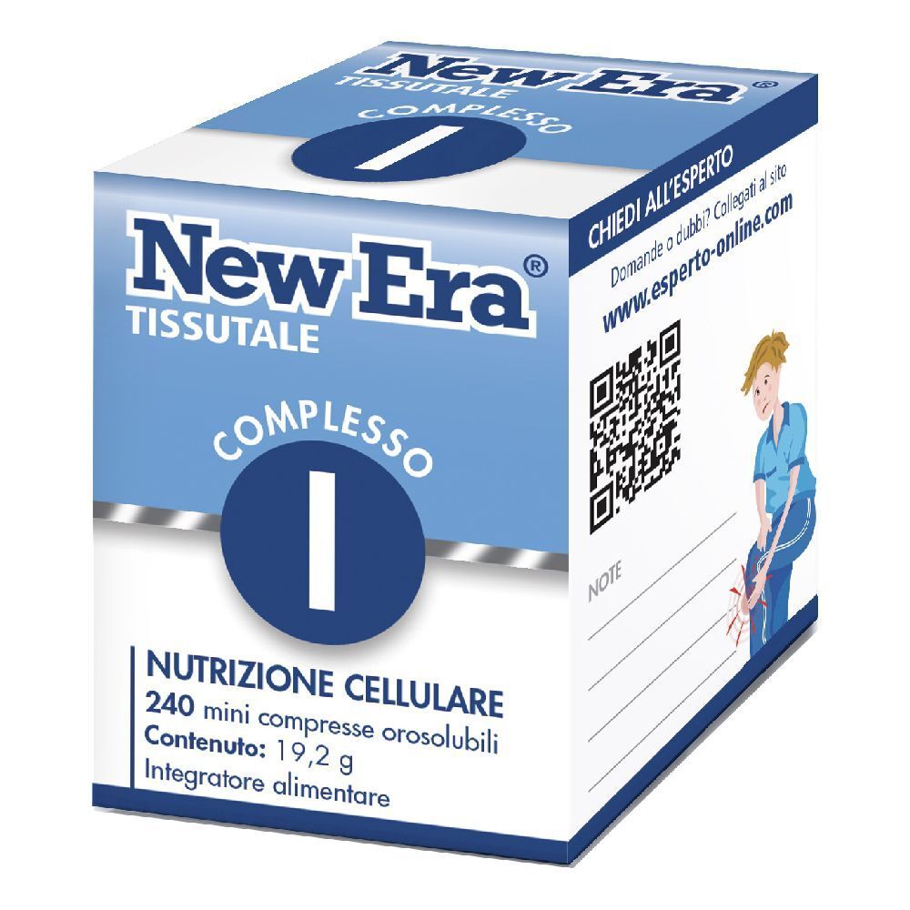 Scatola bianca con testo blu. Scritto: New Era, Tissutale, Complesso I. Contiene 240 mini compresse.