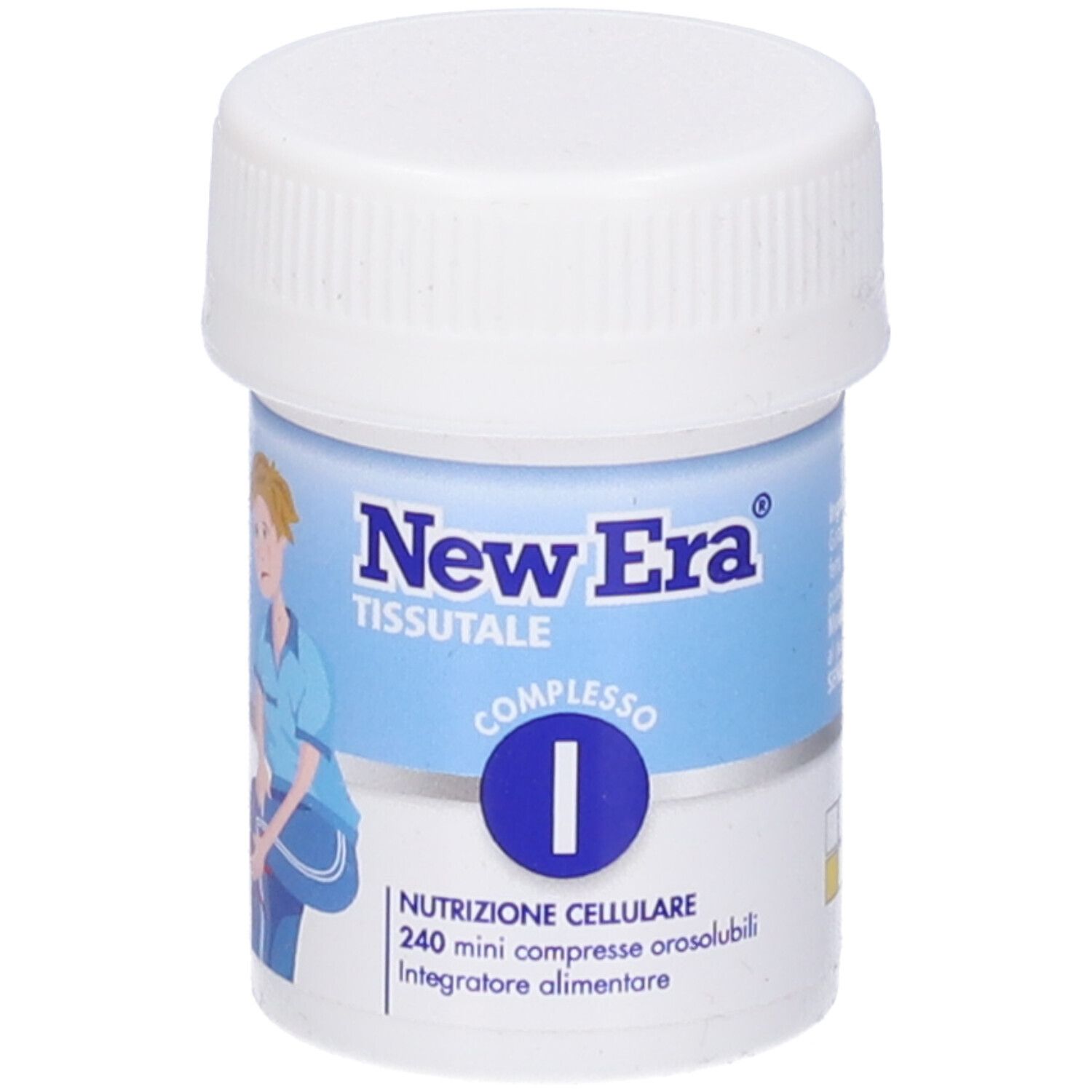 Flacone bianco con tappo a vite. Scritto: New Era, Tissutale, Complesso I. Contiene 240 mini compresse.