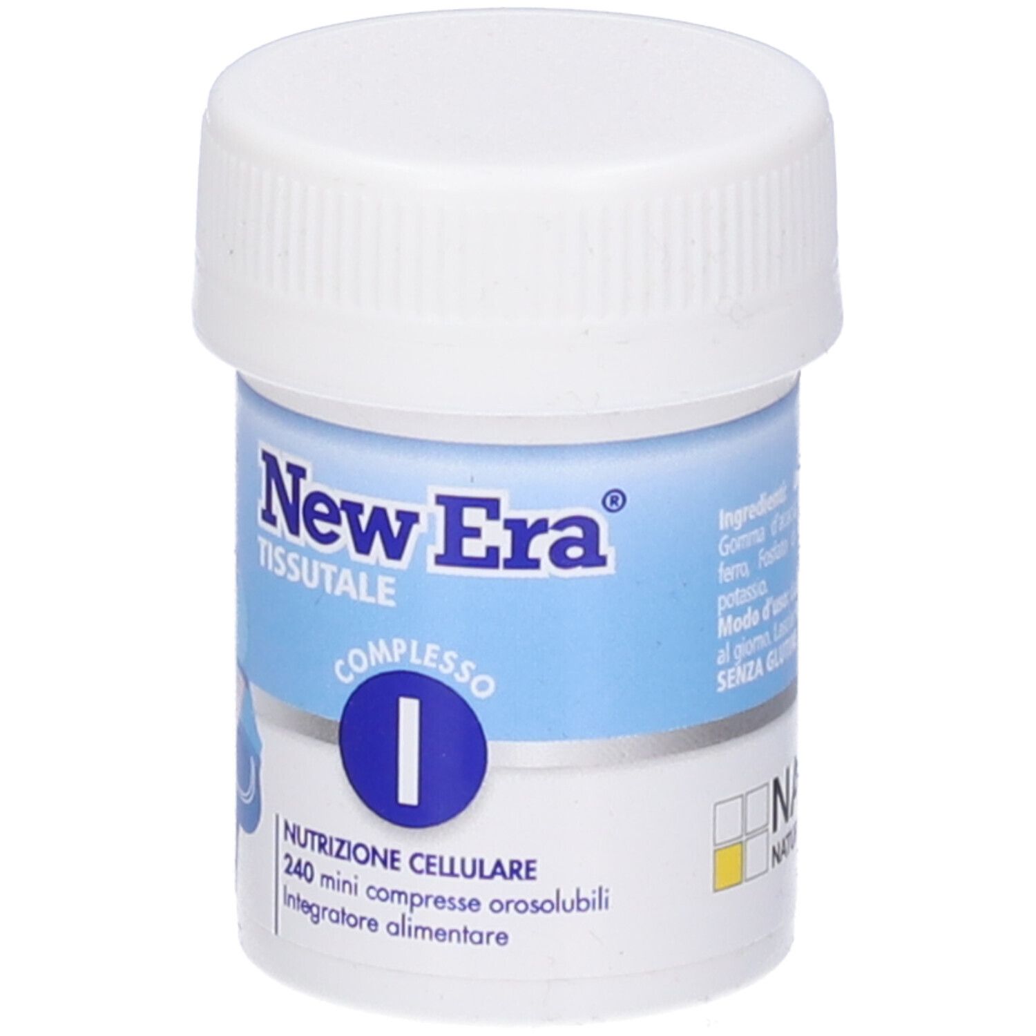 Flacone bianco con tappo a vite. Scritto: New Era, Tissutale, Complesso I. Contiene 240 mini compresse.