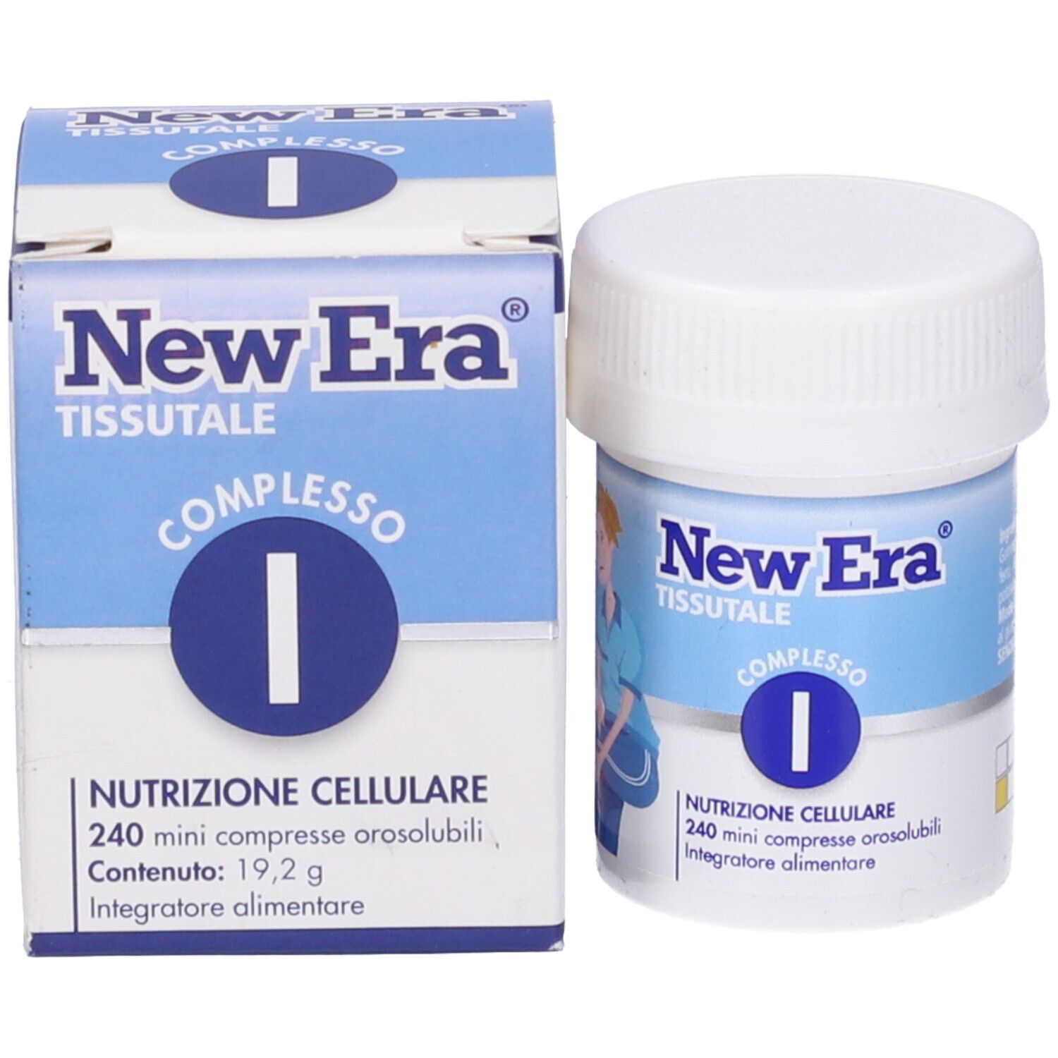 Flacone bianco e scatola. Scritto: New Era, Tissutale, Complesso I. Contiene 240 mini compresse.