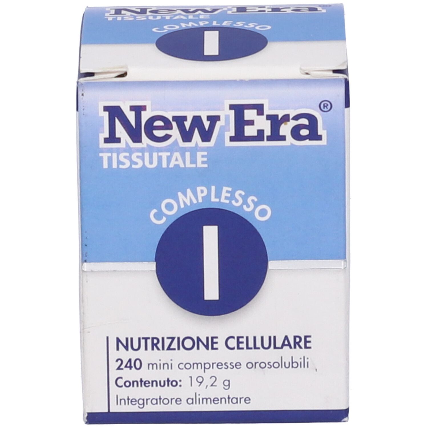 Scatola con testo blu. Scritto: New Era, Tissutale, Complesso I. Contiene 240 mini compresse.