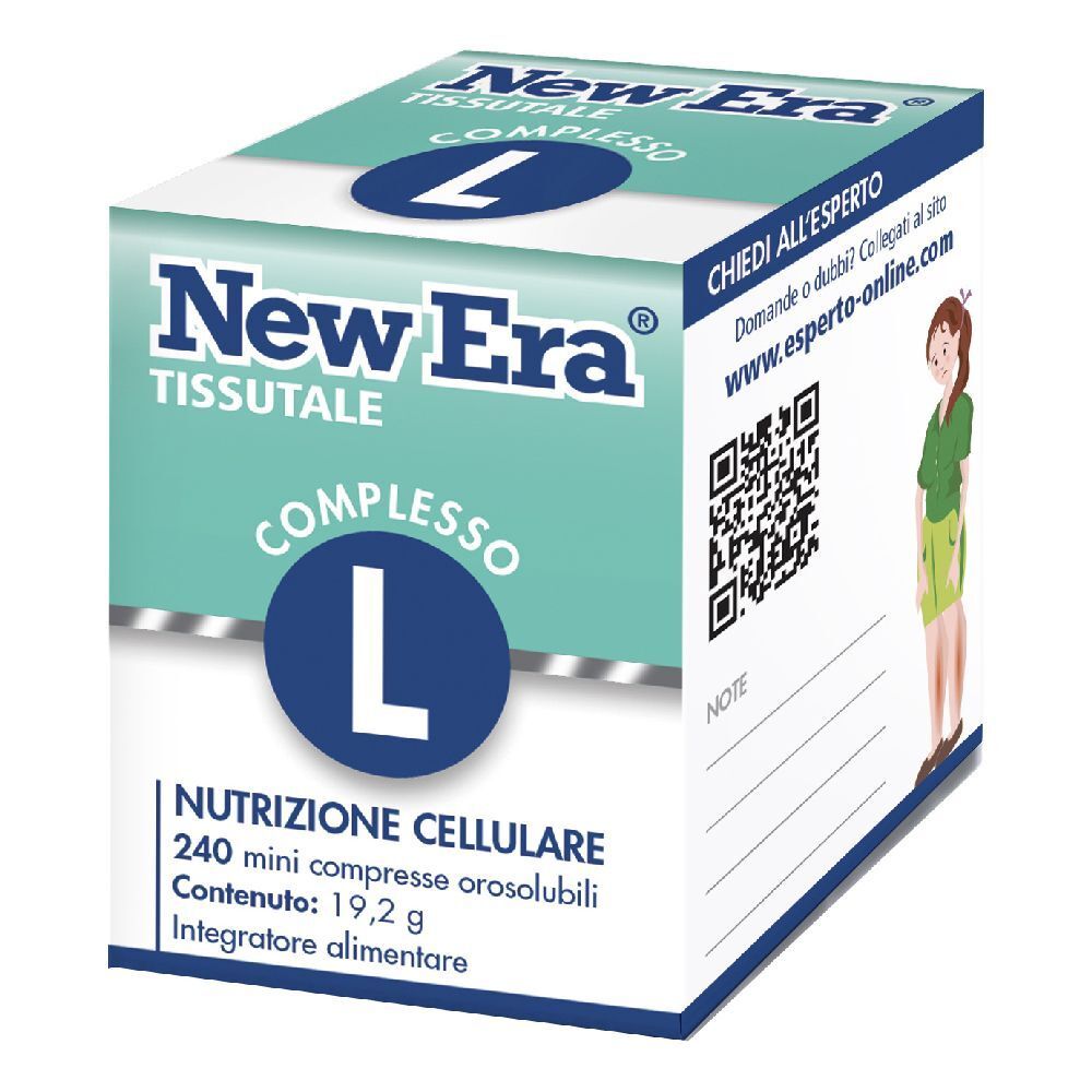 Scatola New Era Tissutale Complesso L. Scritta: 240 mini compresse orosolubili. Con codice QR e illustrazione.