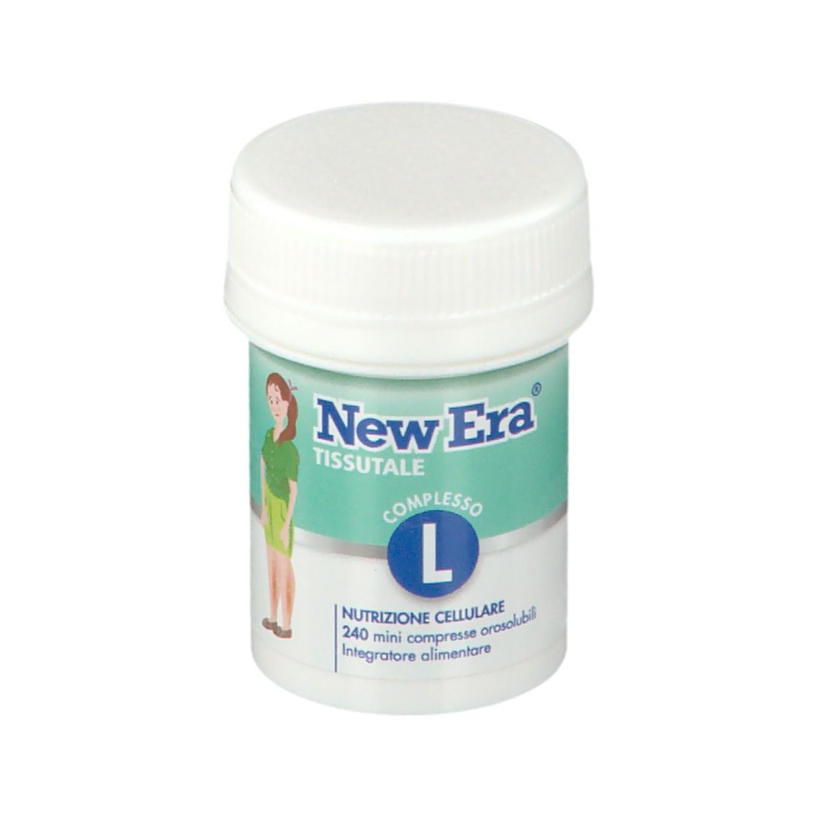 Piccolo flacone bianco New Era Tissutale Complesso L. Scritta: 240 mini compresse orosolubili. Con illustrazione.