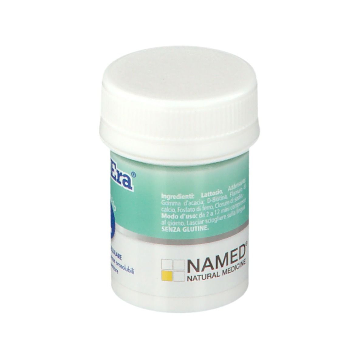 Piccolo flacone bianco New Era Tissutale Complesso L. Scritta: Ingredienti, Senza glutine. NAMED NATURAL MEDICINE.