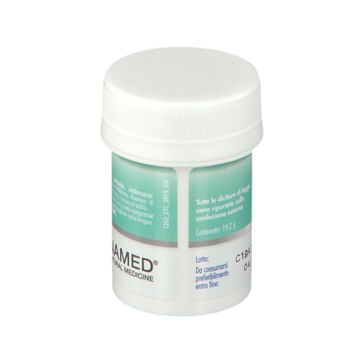 Piccolo flacone bianco New Era Tissutale Complesso L. Scritta: Contenuto 19,2g. NAMED NATURAL MEDICINE. Scadenza.