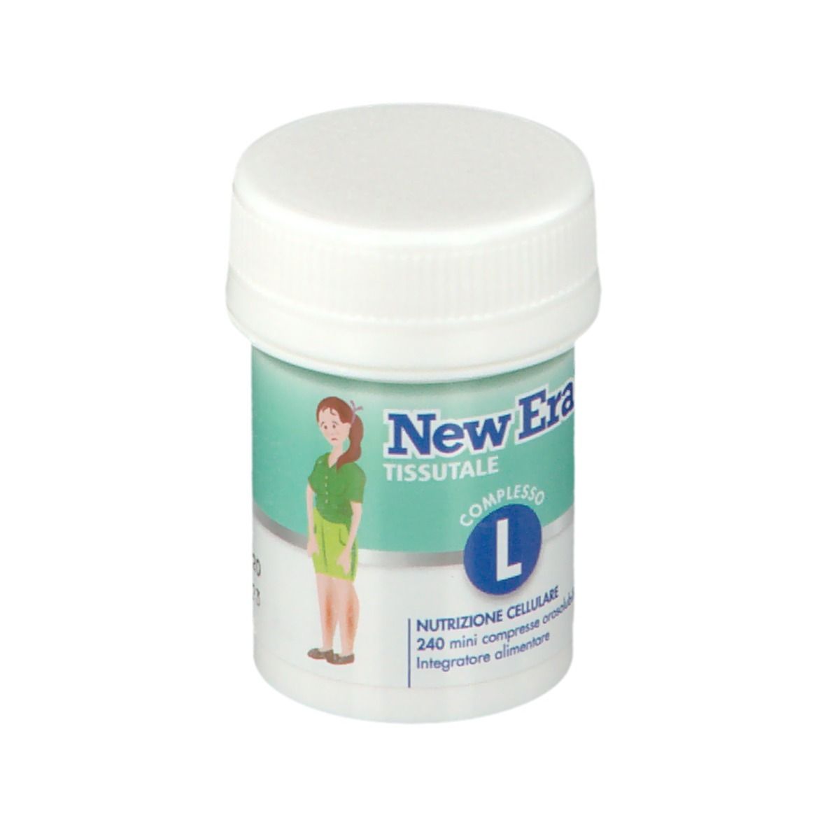 Piccolo flacone bianco New Era Tissutale Complesso L. Scritta: 240 mini compresse orosolubili. Con illustrazione.