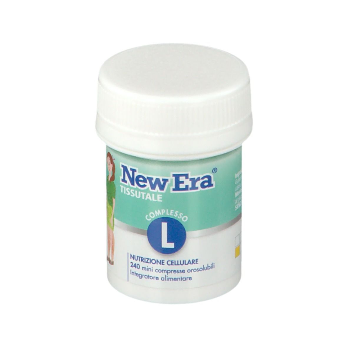 Piccolo flacone bianco New Era Tissutale Complesso L. Scritta: 240 mini compresse orosolubili. Con illustrazione.