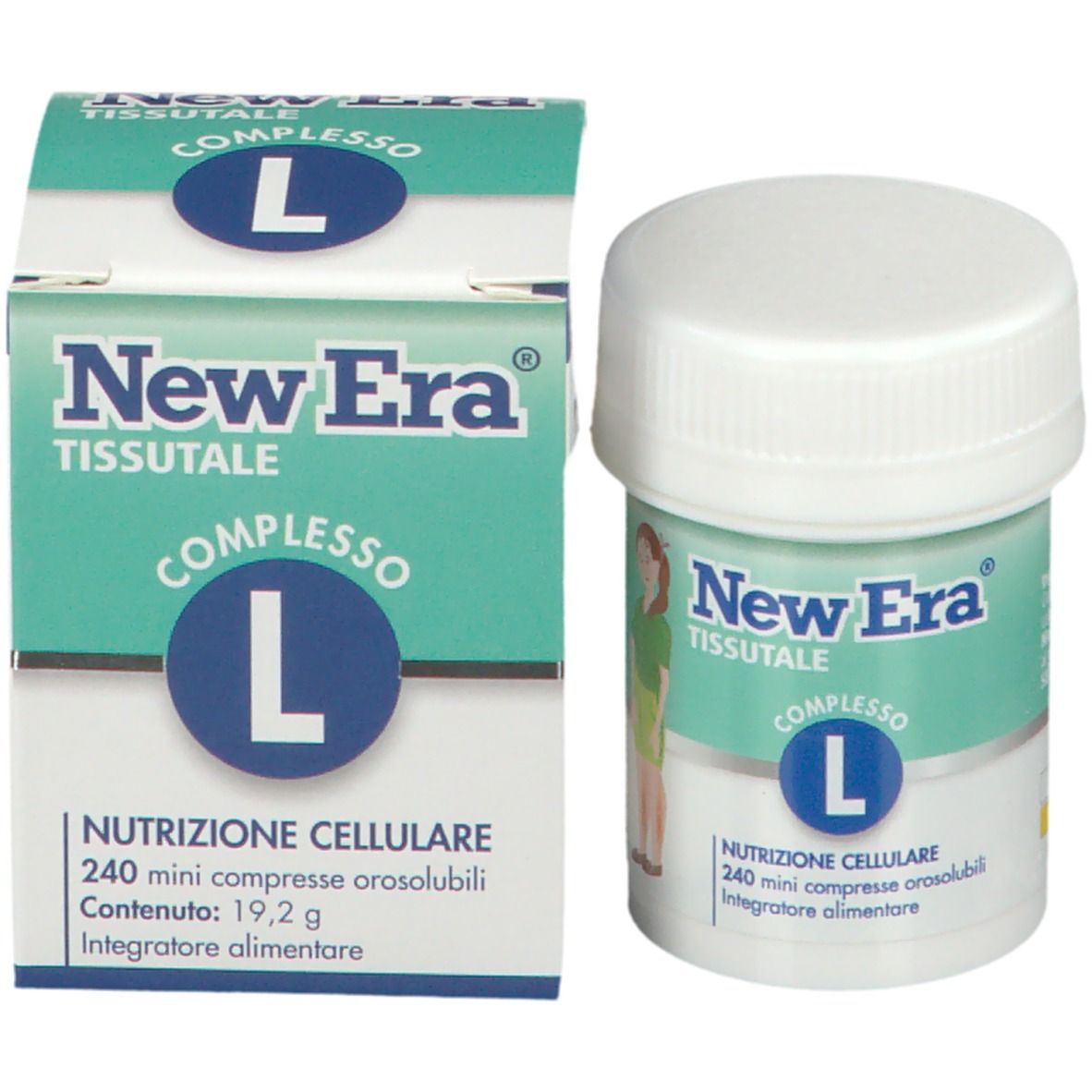 Confezione prodotto con flacone e scatola. New Era Tissutale Complesso L. Scritta: 240 mini compresse orosolubili.