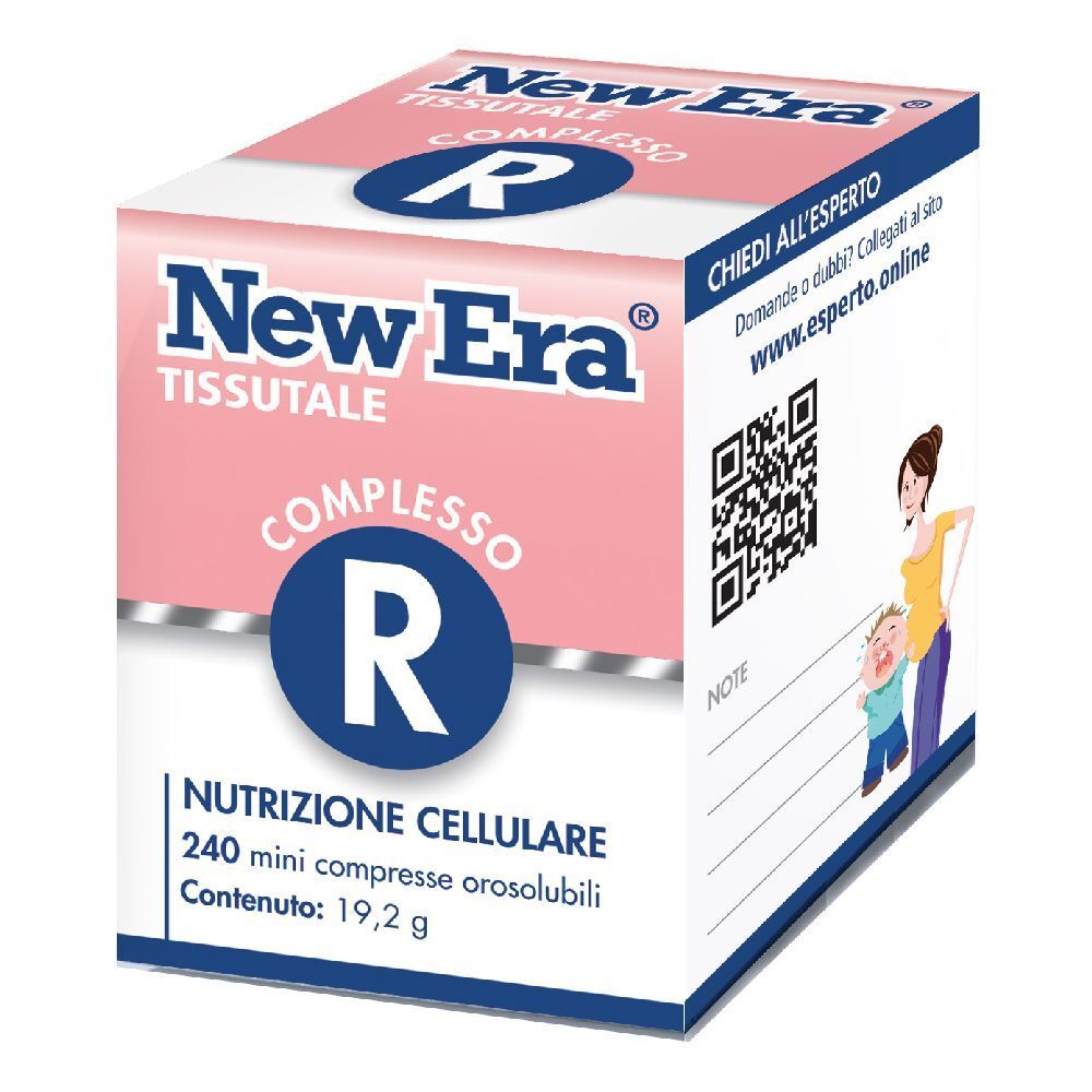 Confezione di New Era® Gewebekomplex R. Scatola rosa e bianca con nome e logo del prodotto. Contiene 240 compresse.