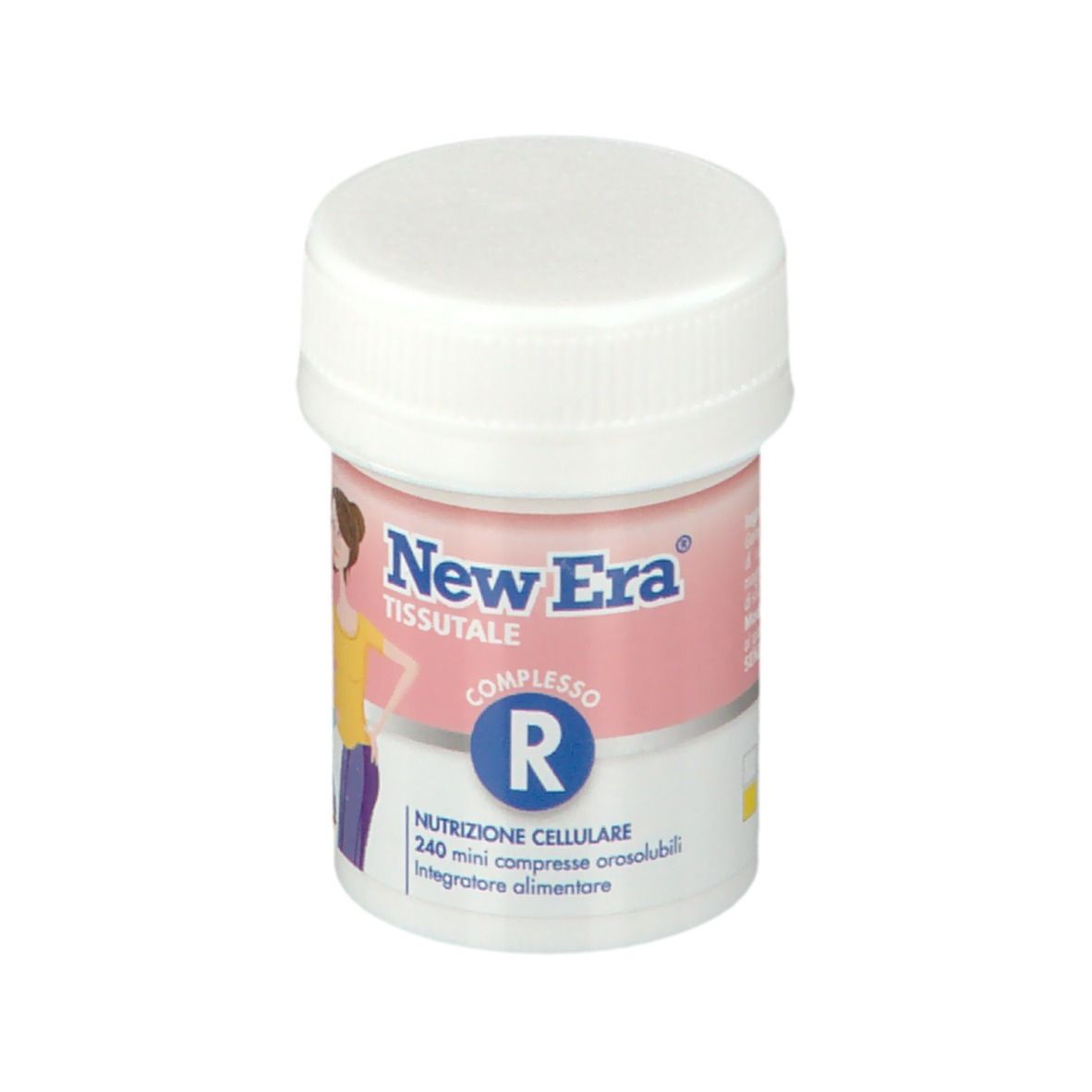 New Era® Gewebekomplex R in un flacone bianco con tappo bianco. Etichetta rosa con nome e logo del prodotto.