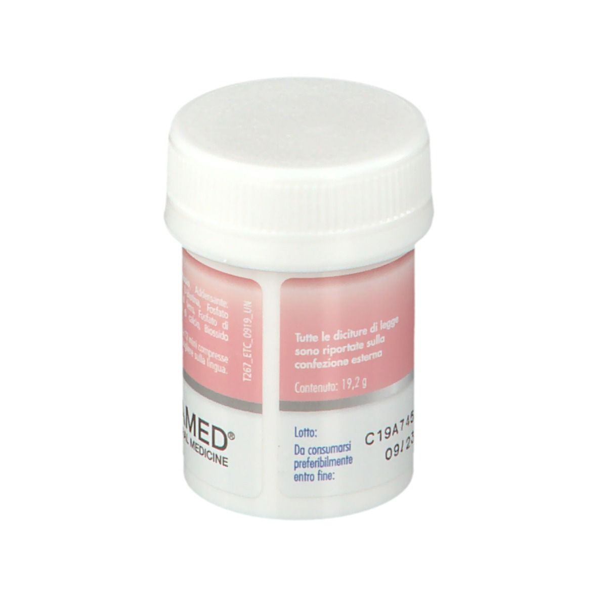 Flacone New Era® Gewebekomplex R. Tappo bianco, etichetta rosa con informazioni sul prodotto. Scadenza 09/23.