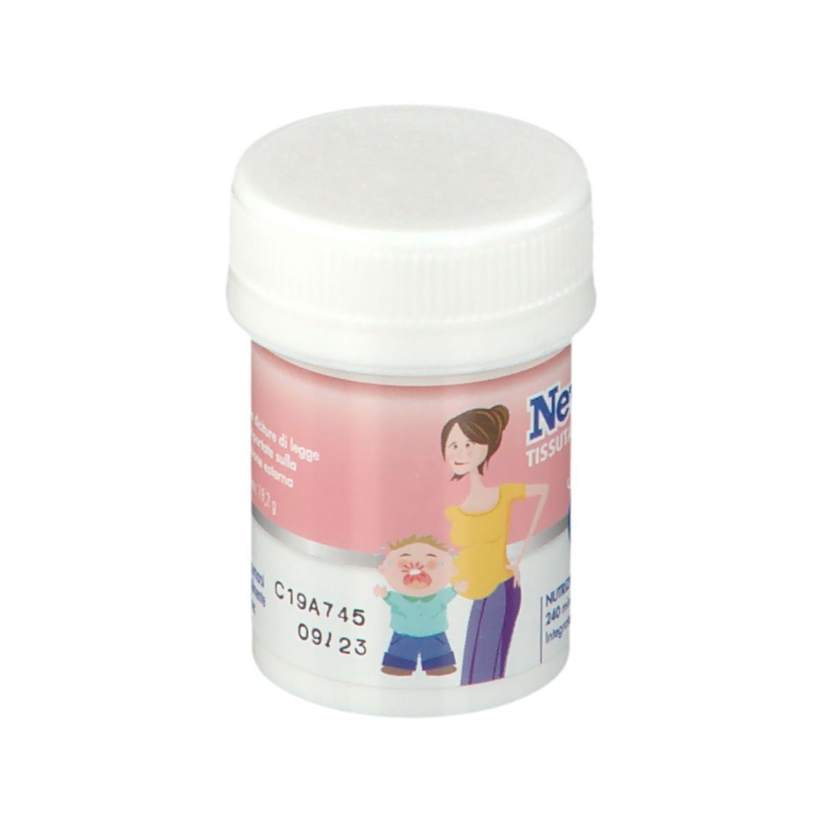 Flacone New Era® Gewebekomplex R. Tappo bianco, etichetta rosa con informazioni sul prodotto. Illustrazione madre e bambino.