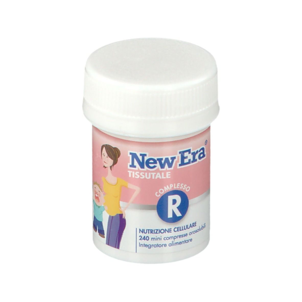 Flacone New Era® Gewebekomplex R. Tappo bianco, etichetta rosa con informazioni sul prodotto. Illustrazione madre e bambino.