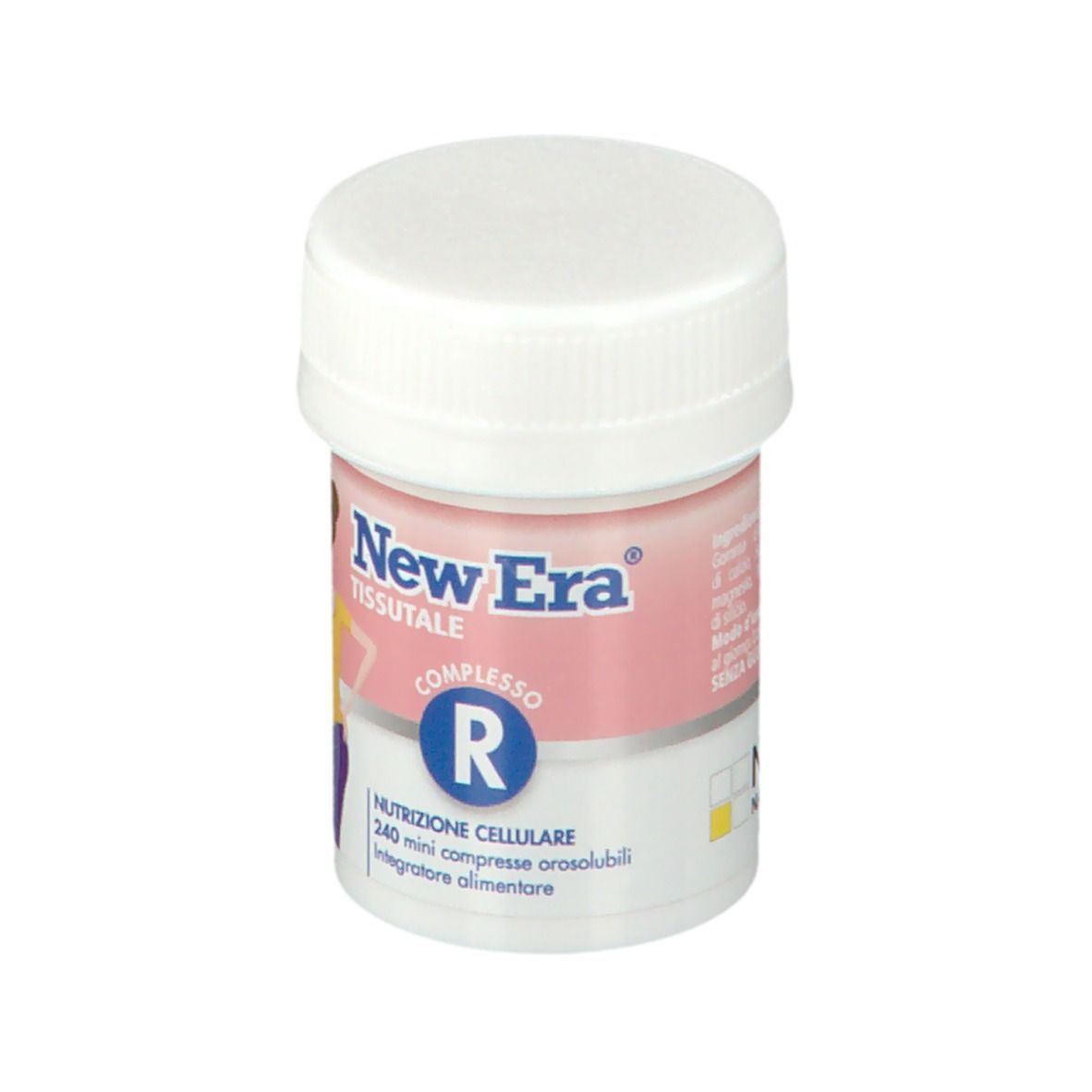 Flacone New Era® Gewebekomplex R. Tappo bianco, etichetta rosa con informazioni sul prodotto. 240 compresse.