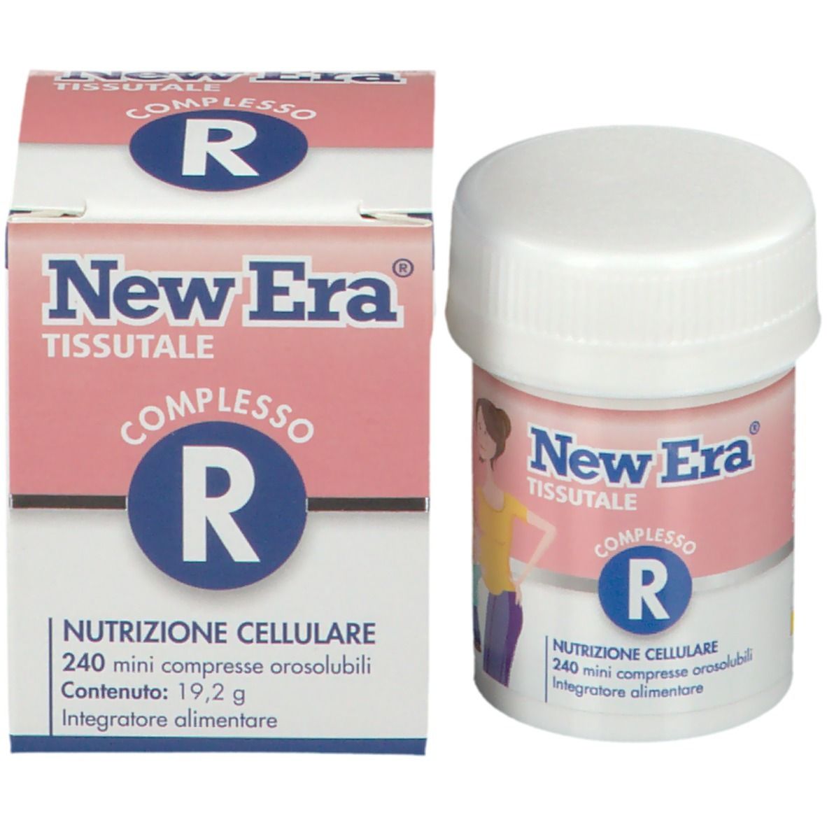New Era® Gewebekomplex R, flacone e confezione. Flacone bianco, etichetta rosa. Scatola rosa e bianca con logo.