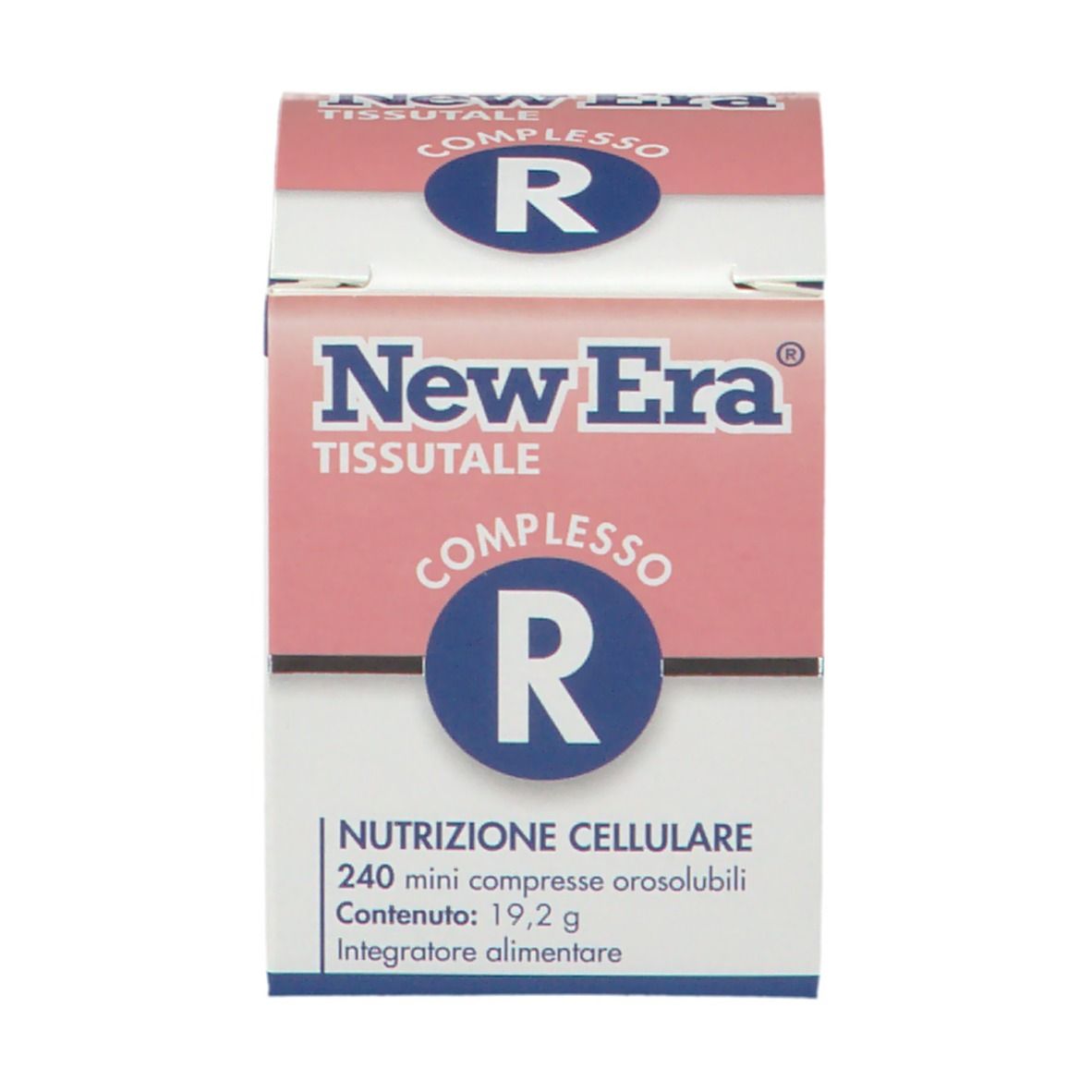 Confezione New Era® Gewebekomplex R. Scatola rosa e bianca con nome e logo del prodotto. Contiene 240 compresse.