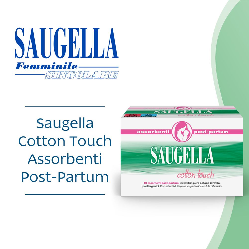 Werbung für Saugella Cotton Touch. Logo und Produktverpackung. Text in italienischer Sprache.