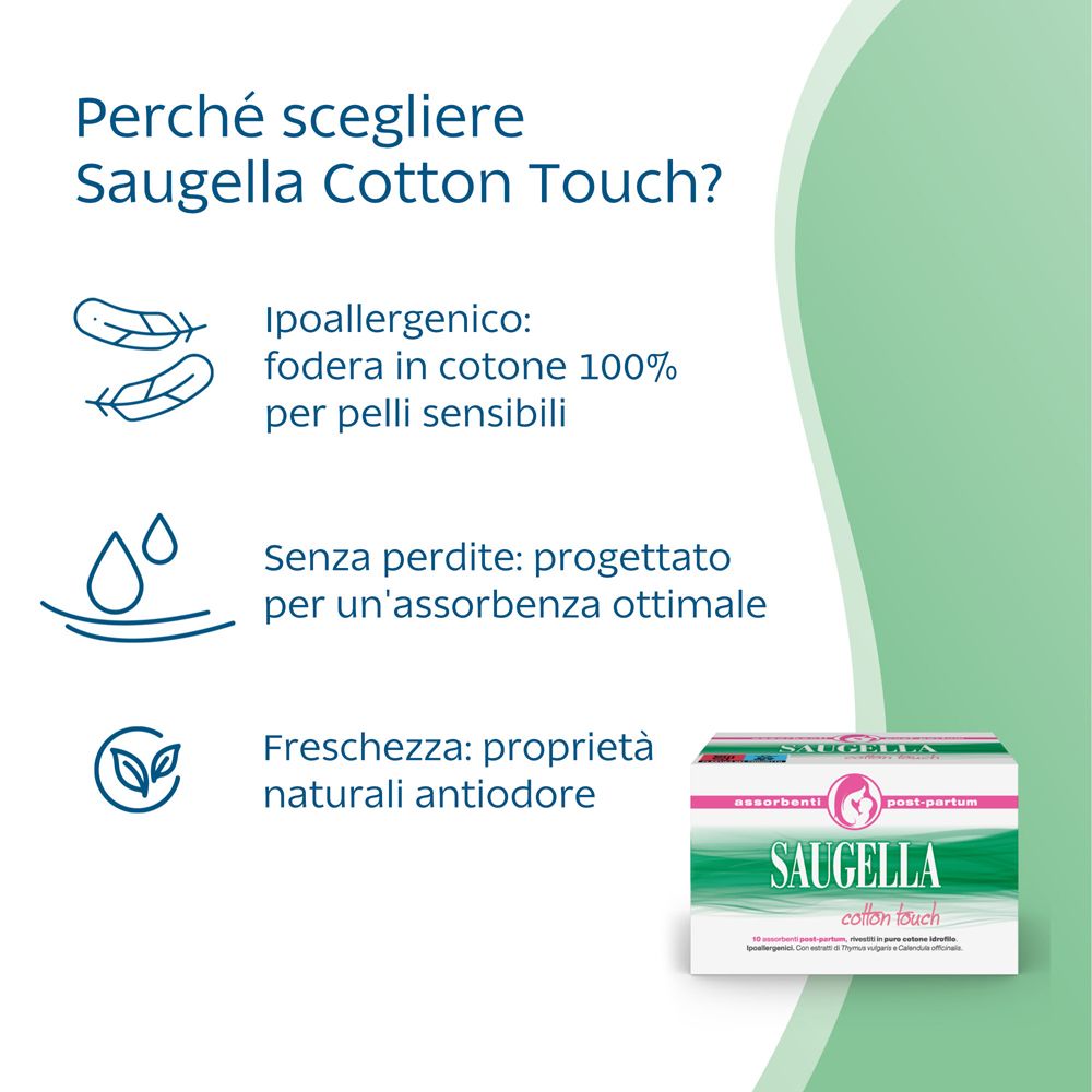 Infografik zu Saugella Cotton Touch. Illustrationen und Text in italienischer Sprache. Produktverpackung im Hintergrund.