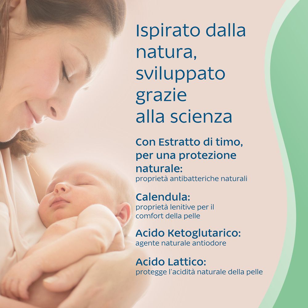 Bild einer Mutter, die ein Baby hält. Text in italienischer Sprache. Produktinformationen im Hintergrund.