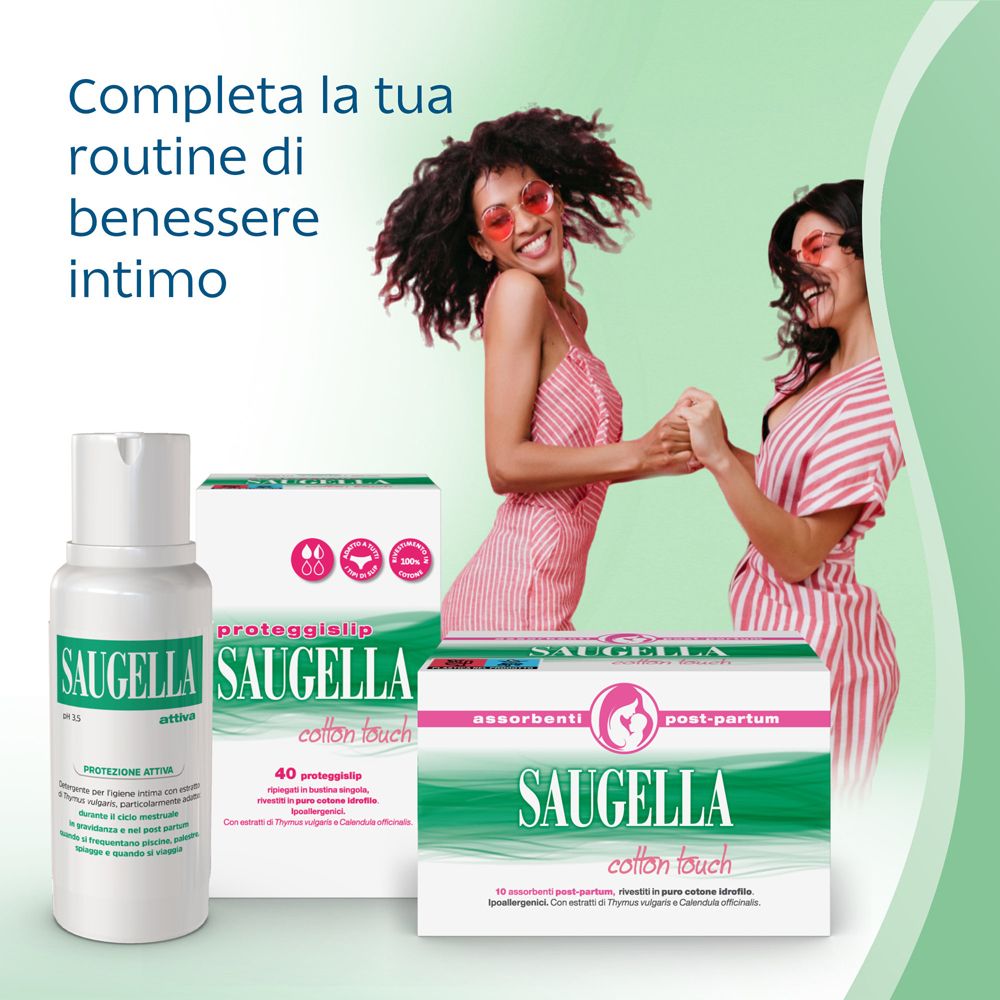 Werbung für Saugella-Produkte. Frauen, Produkte und Text in italienischer Sprache.