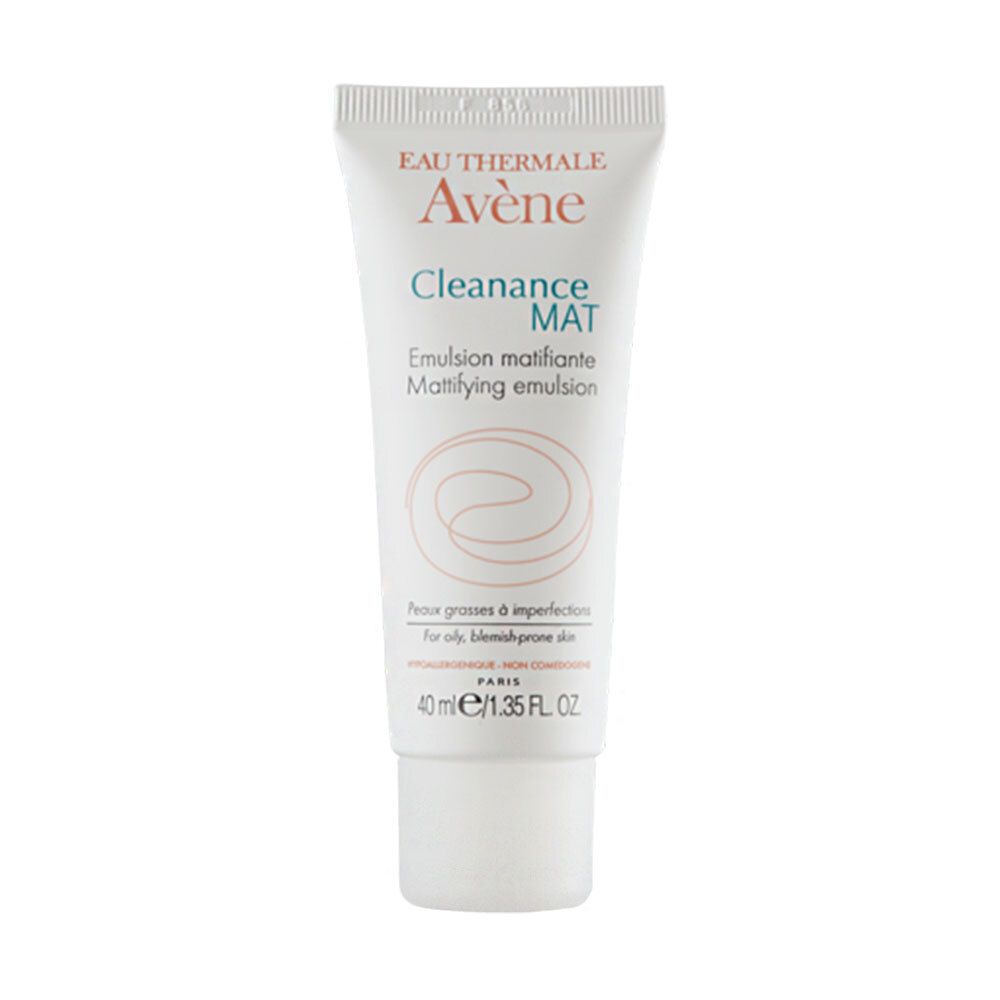 Weiße Tube mit Aufschrift "Eau Thermale Avène Cleanance MAT". Enthält 40 ml. Für fettige, zu Unreinheiten neigende Haut.