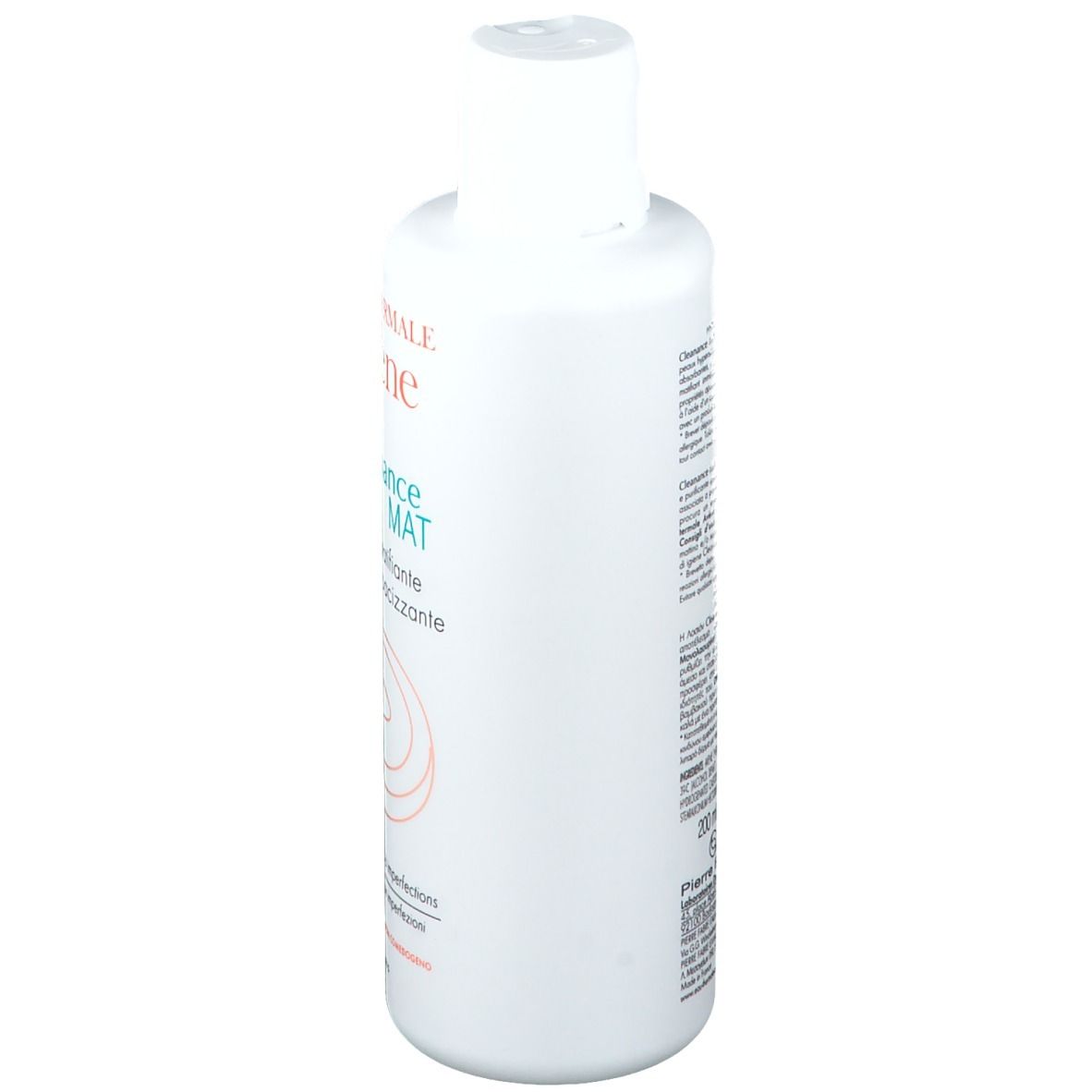Weiße Flasche, seitliche Ansicht. Aufschrift "Eau Thermale Avène Cleanance MAT". Text in Französisch und Italienisch.