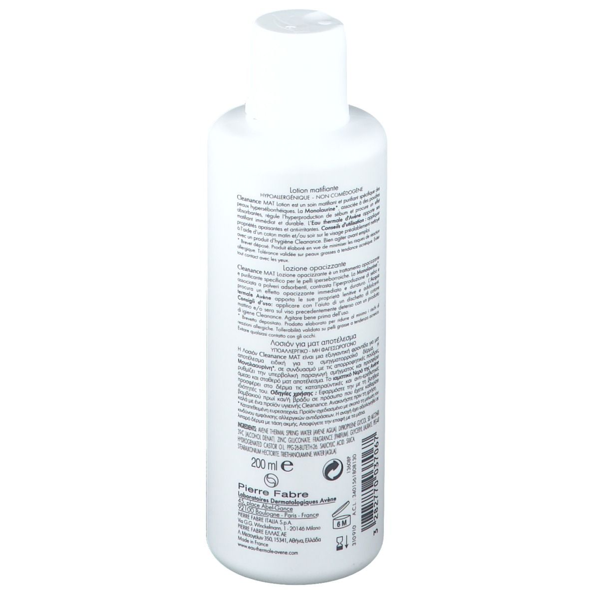 Weiße Flasche mit Text. Aufschrift "Eau Thermale Avène Cleanance MAT". Text in mehreren Sprachen, 200 ml.