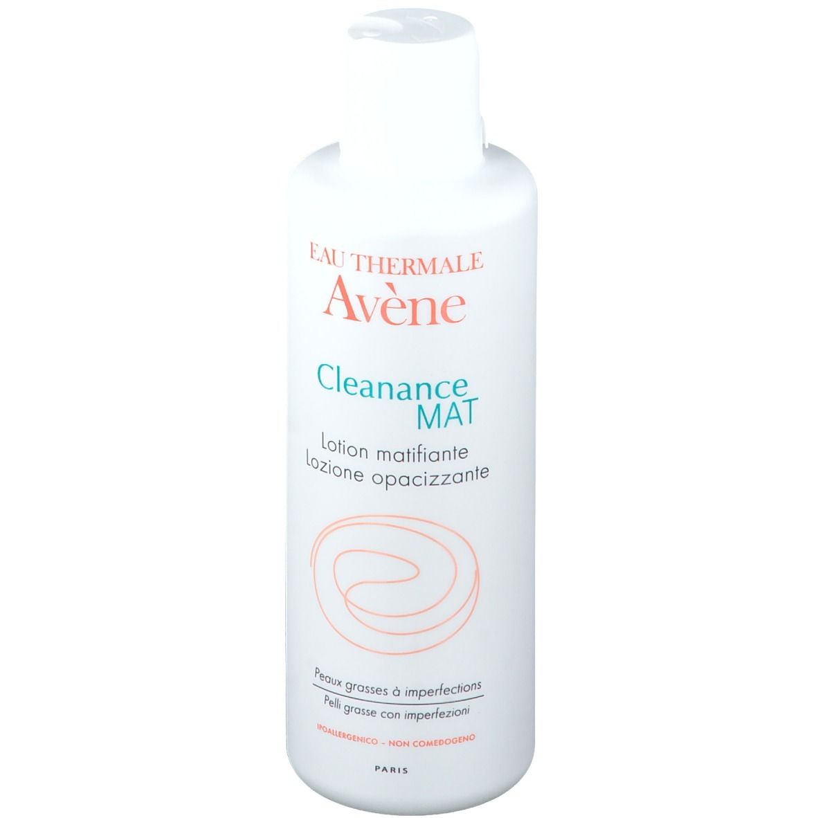 Weiße Flasche mit Aufschrift "Eau Thermale Avène Cleanance MAT". Lotion mattifiante, lozione opacizzante.