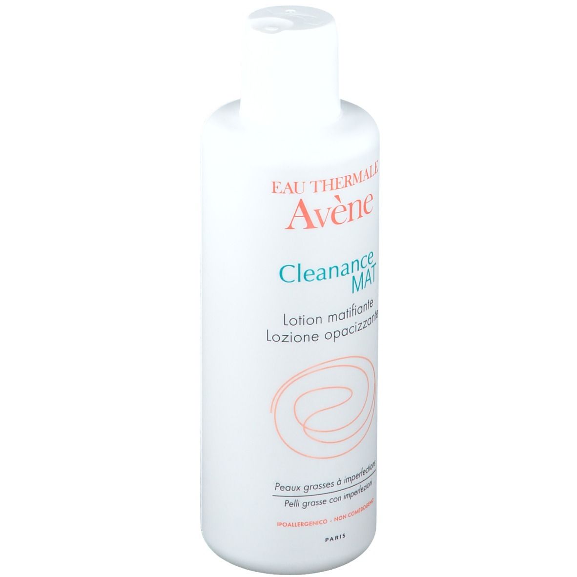 Weiße Flasche mit Aufschrift "Eau Thermale Avène Cleanance MAT". Lotion mattifiante, lozione opacizzante.