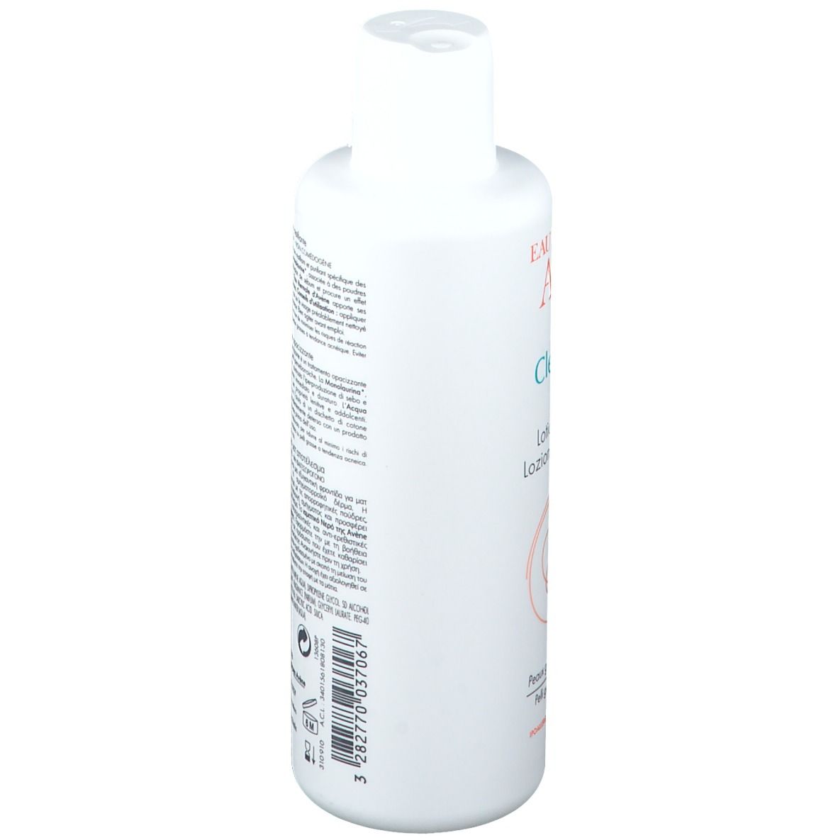 Weiße Flasche, seitliche Ansicht. Aufschrift "Eau Thermale Avène Cleanance MAT". Text in Französisch und Italienisch.