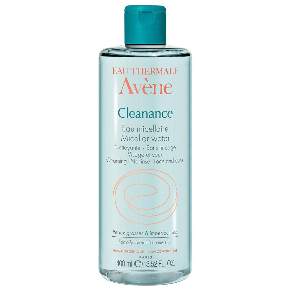 Klare Flasche mit blauem Deckel. Aufschrift: Eau Thermale Avène Cleanance, Reinigungslotion. Für unreine Haut. 400 ml.