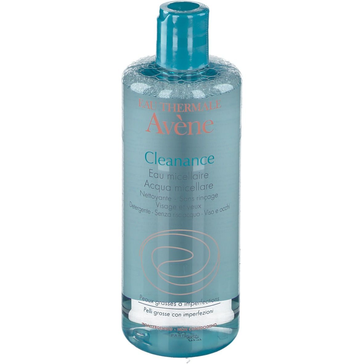 Klare Flasche mit blauem Deckel. Aufschrift: Eau Thermale Avène Cleanance, Reinigungslotion. Für unreine Haut. 400 ml.