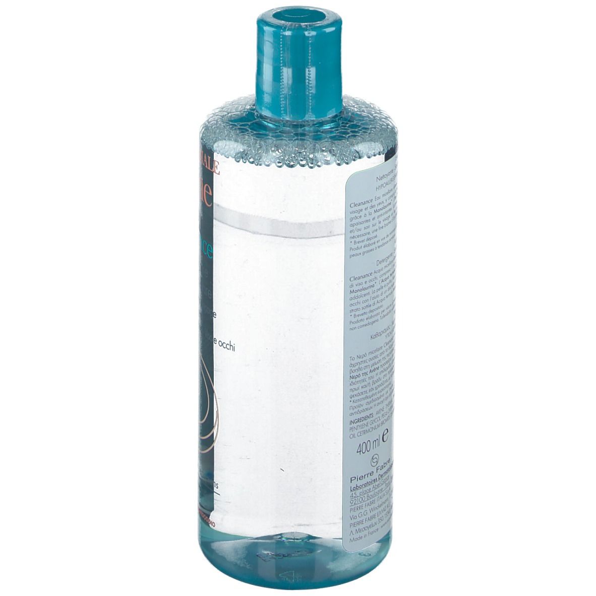 Klare Flasche mit blauem Deckel. Aufschrift: Eau Thermale Avène Cleanance, Reinigungslotion. Für unreine Haut. 400 ml.