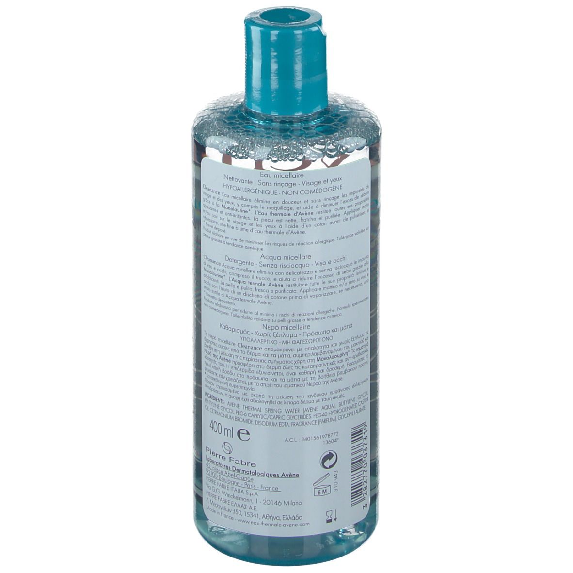 Klare Flasche mit blauem Deckel. Aufschrift: Eau Thermale Avène Cleanance, Reinigungslotion. Für unreine Haut. 400 ml.