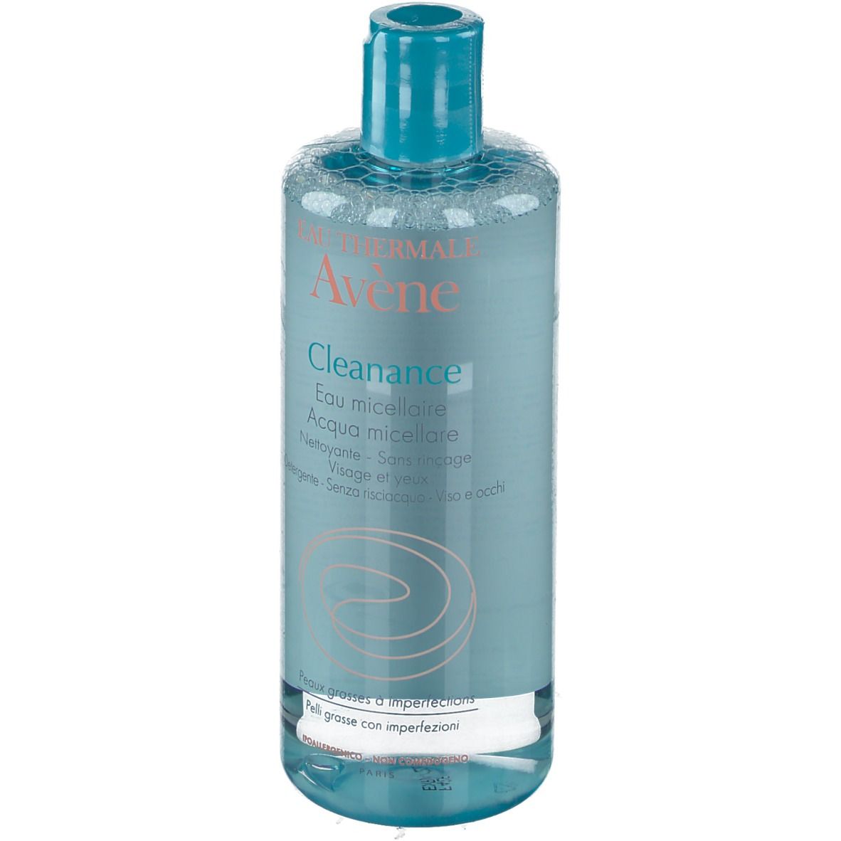Klare Flasche mit blauem Deckel. Aufschrift: Eau Thermale Avène Cleanance, Reinigungslotion. Für unreine Haut. 400 ml.