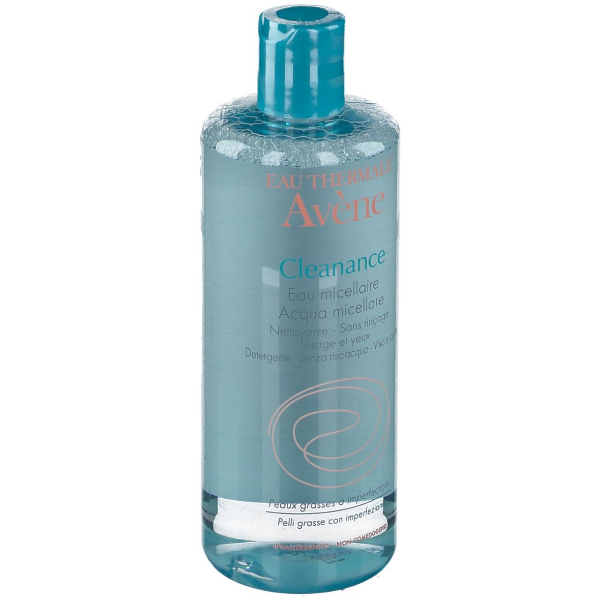 Klare Flasche mit blauem Deckel. Aufschrift: Eau Thermale Avène Cleanance, Reinigungslotion. Für unreine Haut. 400 ml.