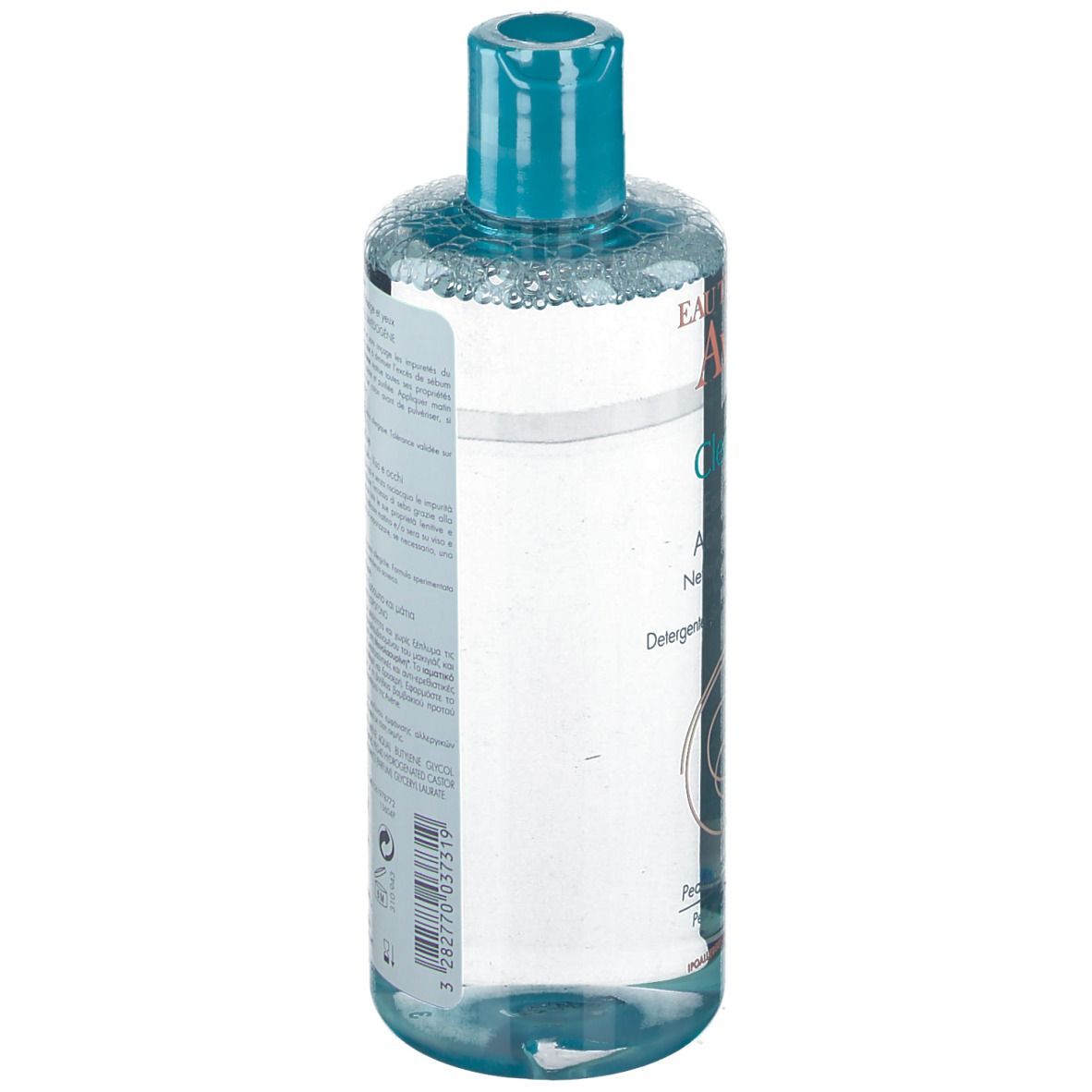 Klare Flasche mit blauem Deckel. Aufschrift: Eau Thermale Avène Cleanance, Reinigungslotion. Für unreine Haut. 400 ml.