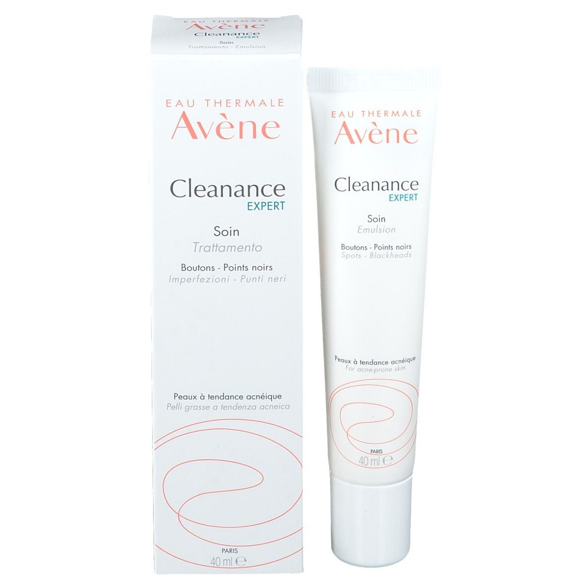 Emballage produit : tube et boîte. Inscription Eau Thermale Avène, Cleanance EXPERT, Soin-Trattamento. Pour peaux à tendance acnéique. 40 ml.