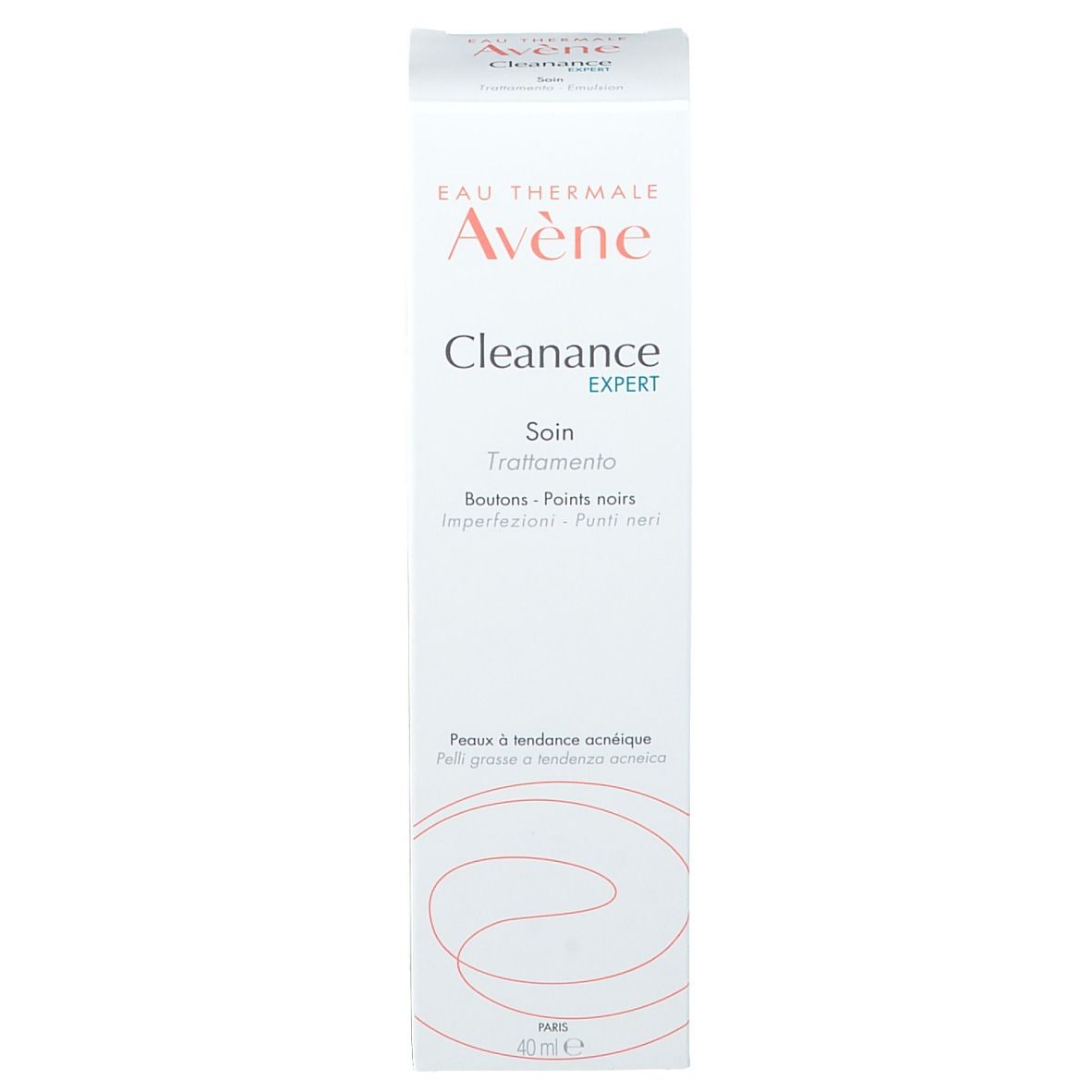 Boîte blanche avec inscription Eau Thermale Avène, Cleanance EXPERT, Soin-Trattamento. Pour peaux à tendance acnéique. 40 ml.