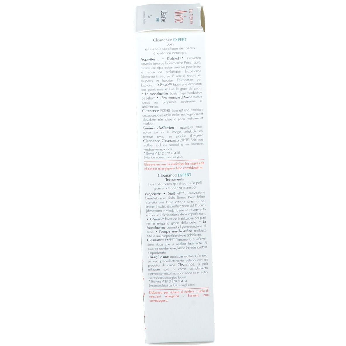 Vue latérale de l'emballage du produit. Texte en plusieurs langues. Informations du fabricant. Ingrédients. 40 ml.