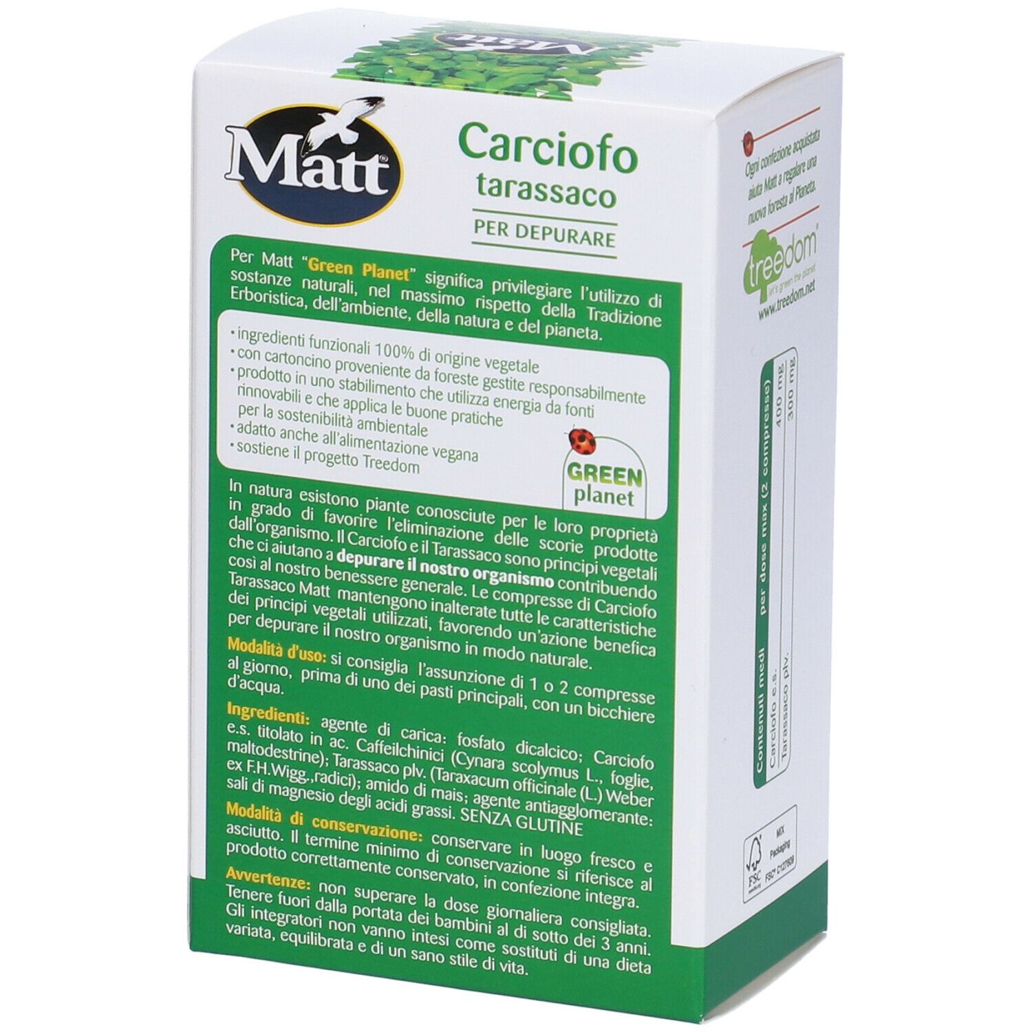 Retro scatola con testo. Logo 'Matt' e 'Carciofo tarassaco'. Logo 'Green Planet'. Testo in italiano.