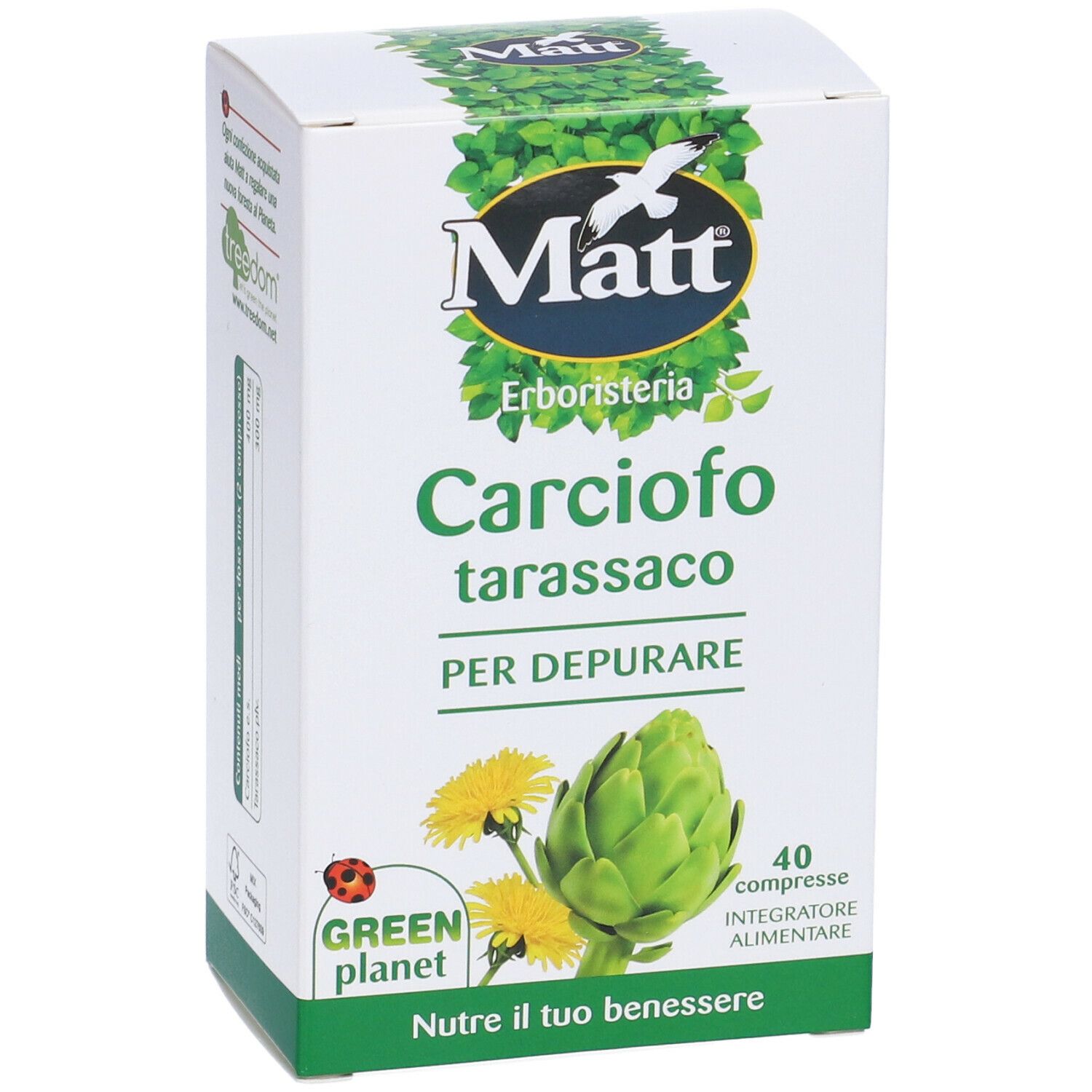 Scatola 'Matt' con 'Carciofo tarassaco'. Contiene 40 compresse. Logo 'Green Planet'.
