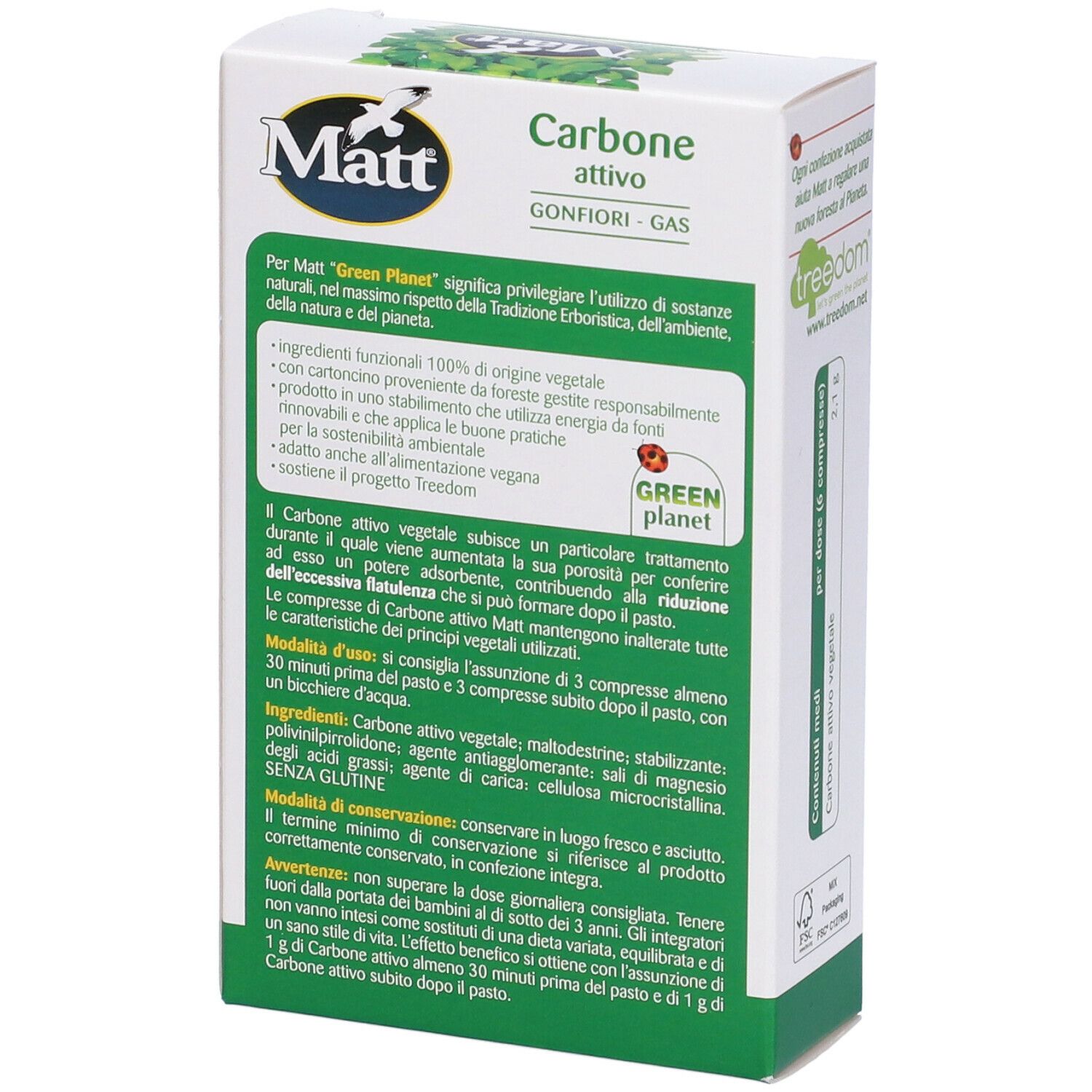 Rückseite einer weißen 'Matt' Box mit Text. 'Carbone attivo' und 'Green Planet' Logo. FSC-Zertifizierung.
