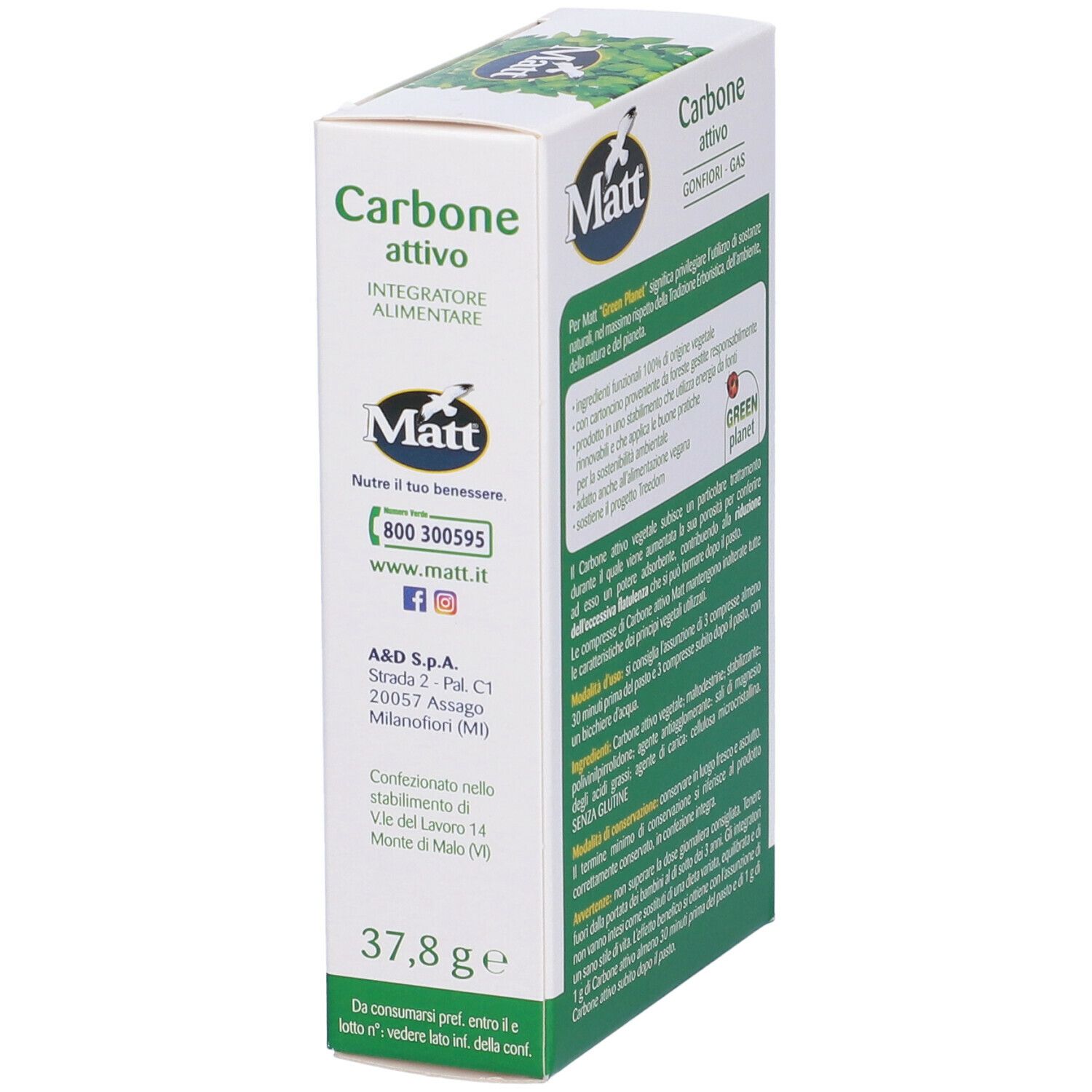 Weiße 'Matt' Box mit Text. 'Carbone attivo' und 'Green Planet' Logo. 37,8 g Gewicht.