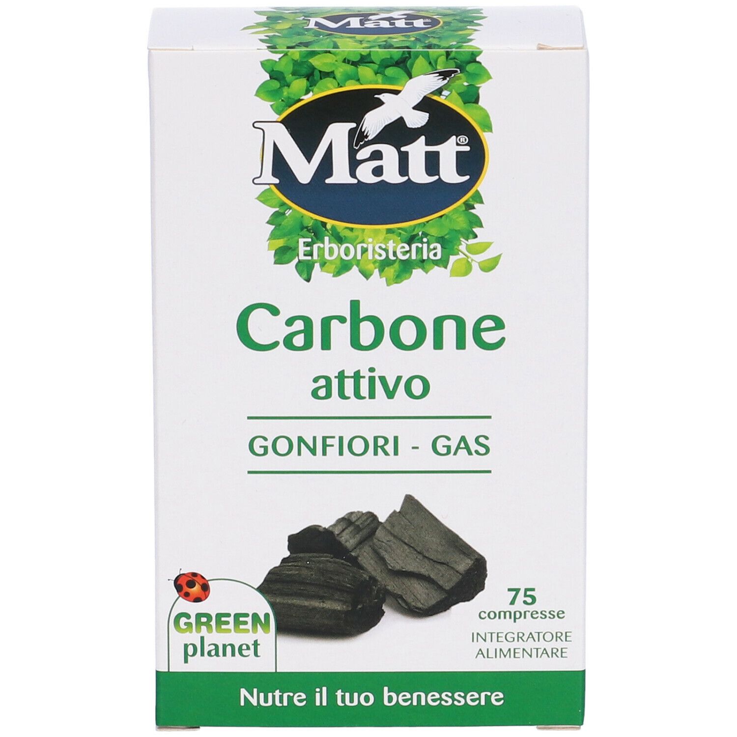 Weißer Karton mit 'Matt' Logo und 'Carbone attivo'. Enthält 75 Tabletten. 'Green Planet' Logo.