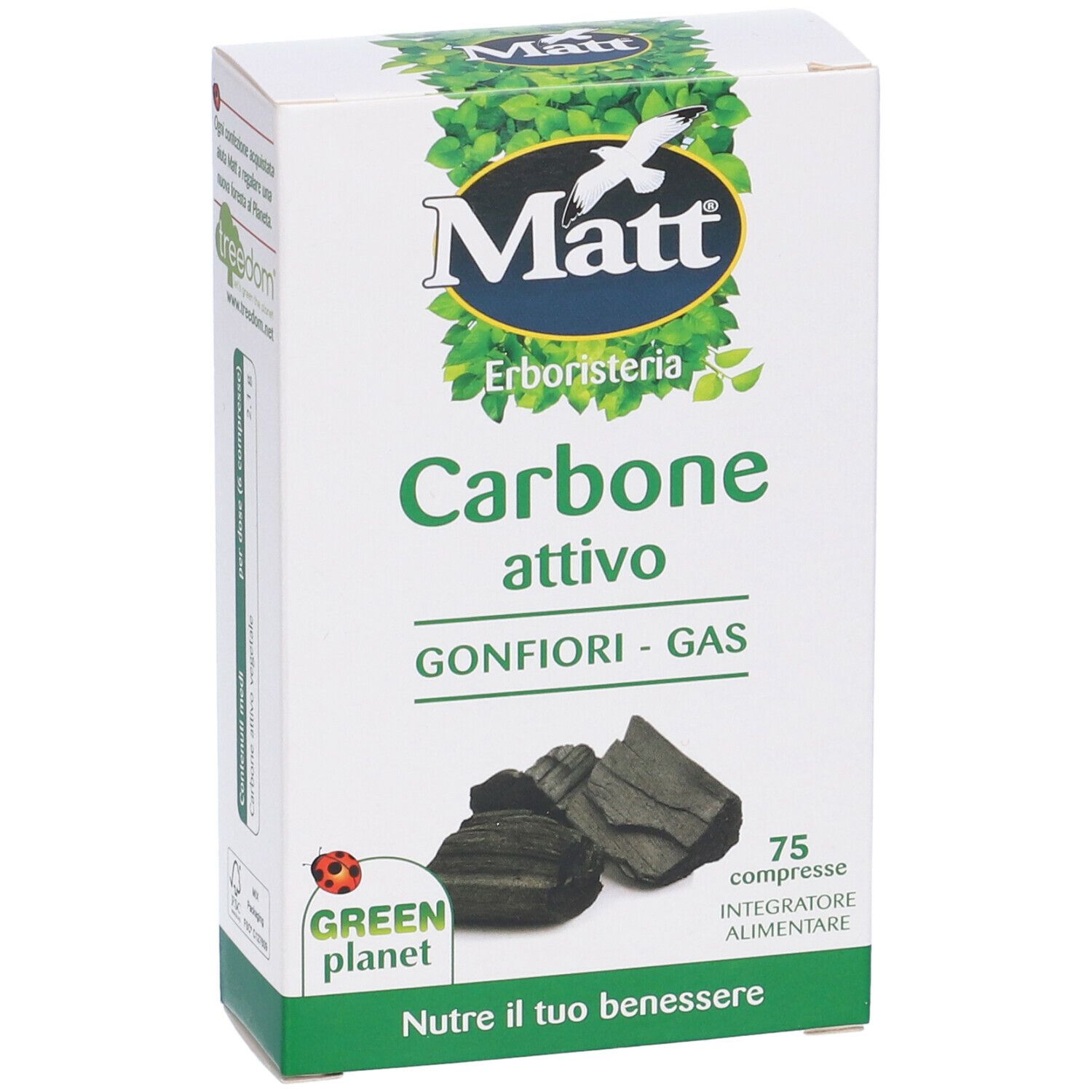Weißer Karton mit 'Matt' Logo und 'Carbone attivo'. Enthält 75 Tabletten. 'Green Planet' Logo.