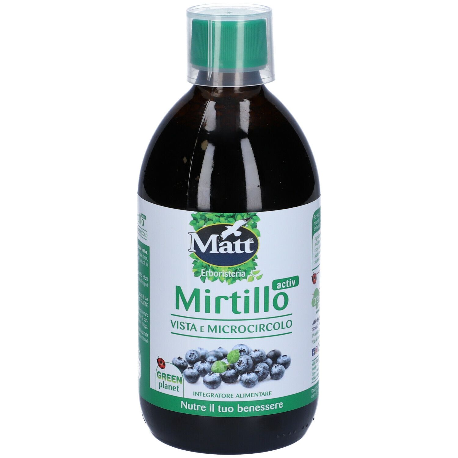 Bottiglia marrone con tappo verde. Etichetta con nome del prodotto e illustrazione di mirtilli. Marchio: Matt.